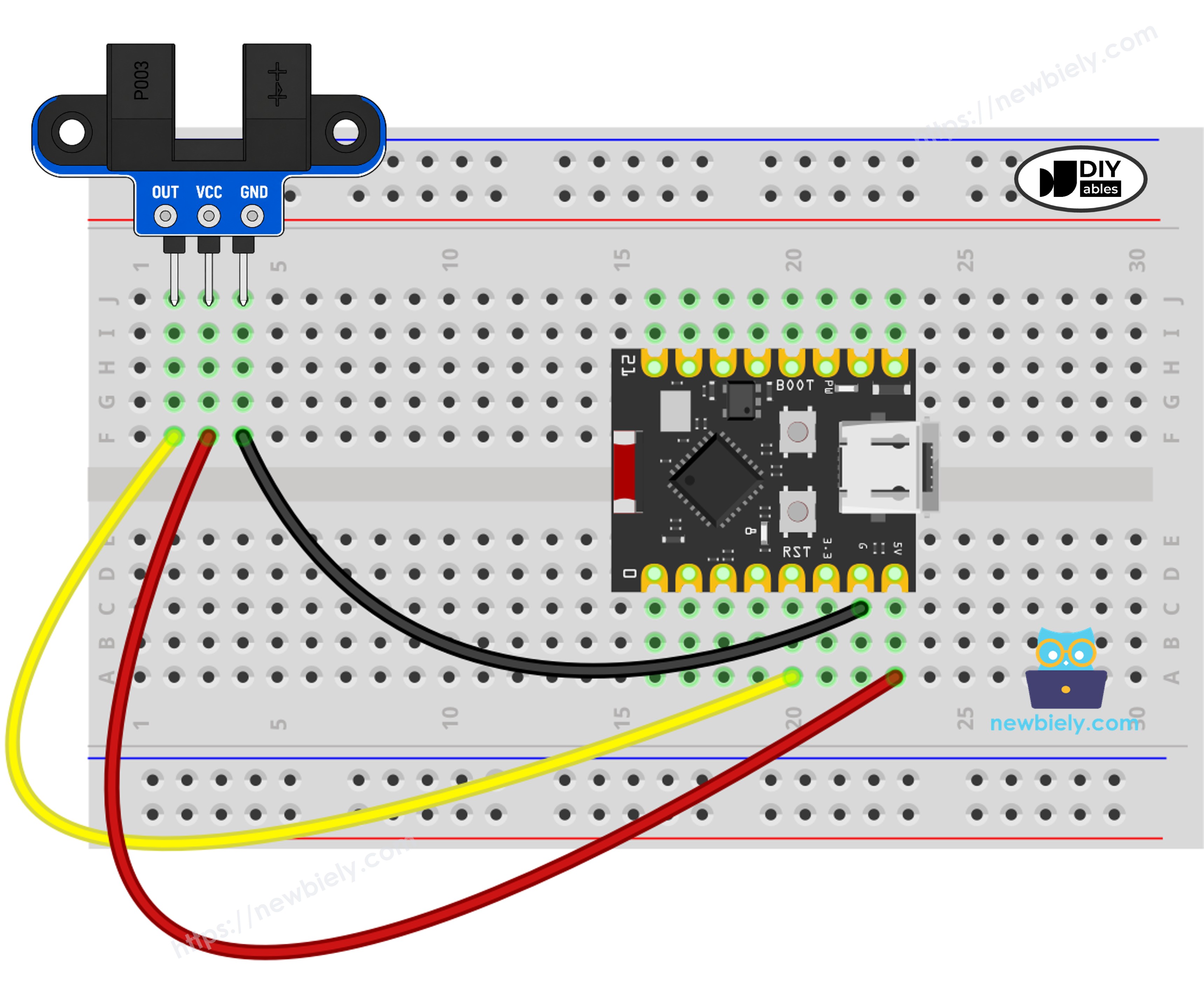 The wiring diagram between ESP32 C3 Super Mini IR slotted optical speed sensor