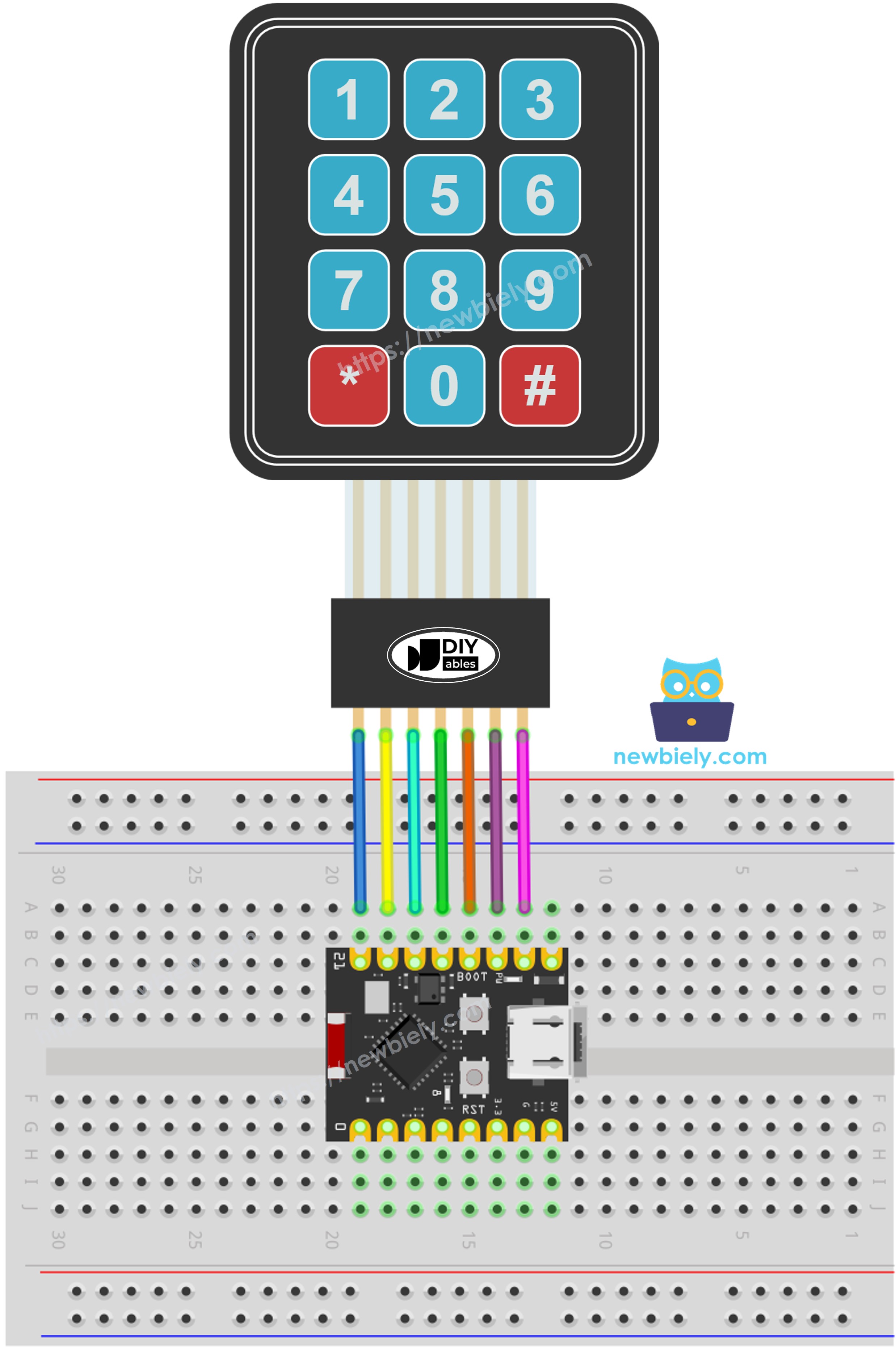 The wiring diagram between ESP32 C3 Super Mini Keypad 3x4
