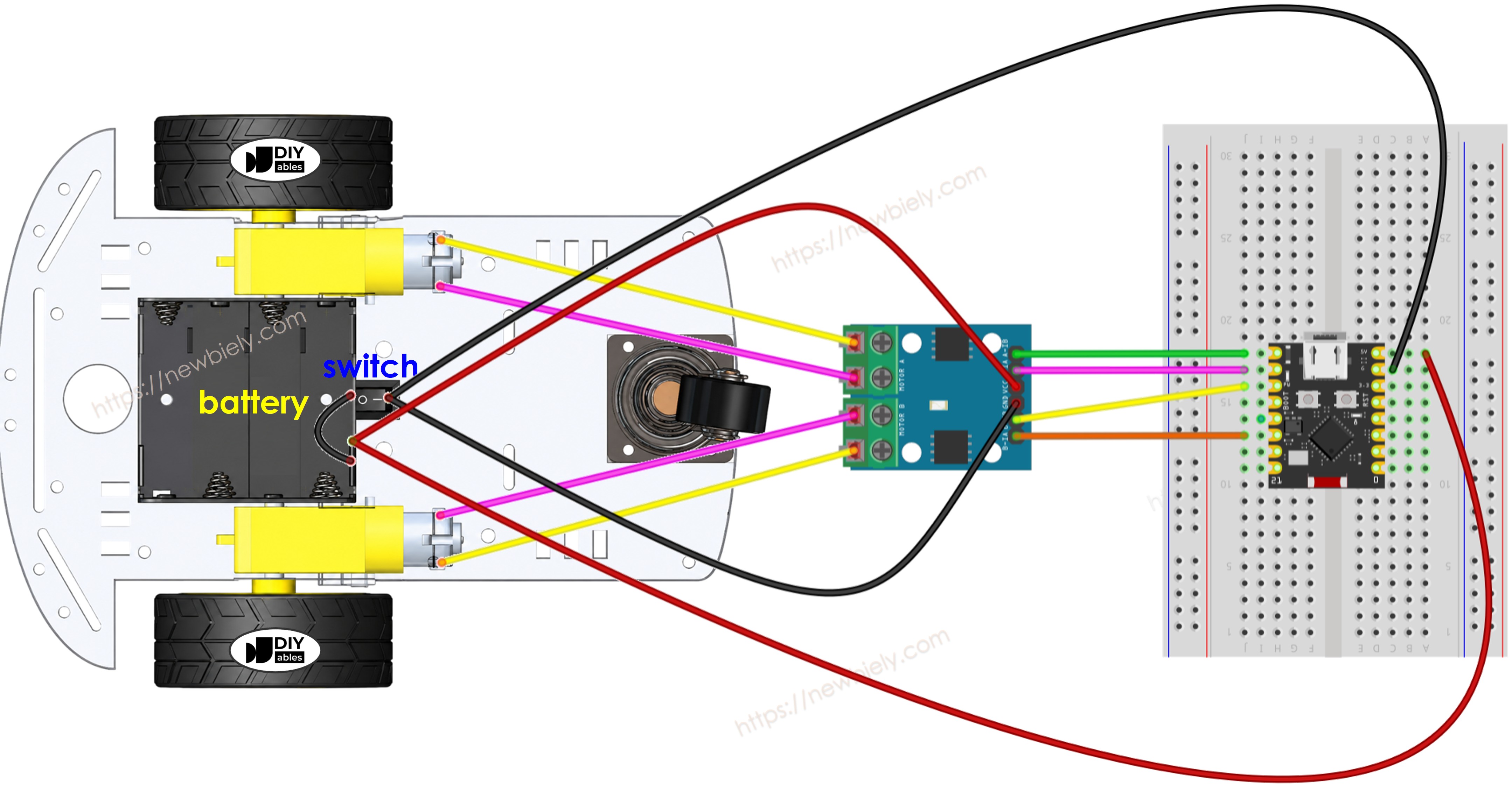The wiring diagram between ESP32 C3 Super Mini 2WD RC Car