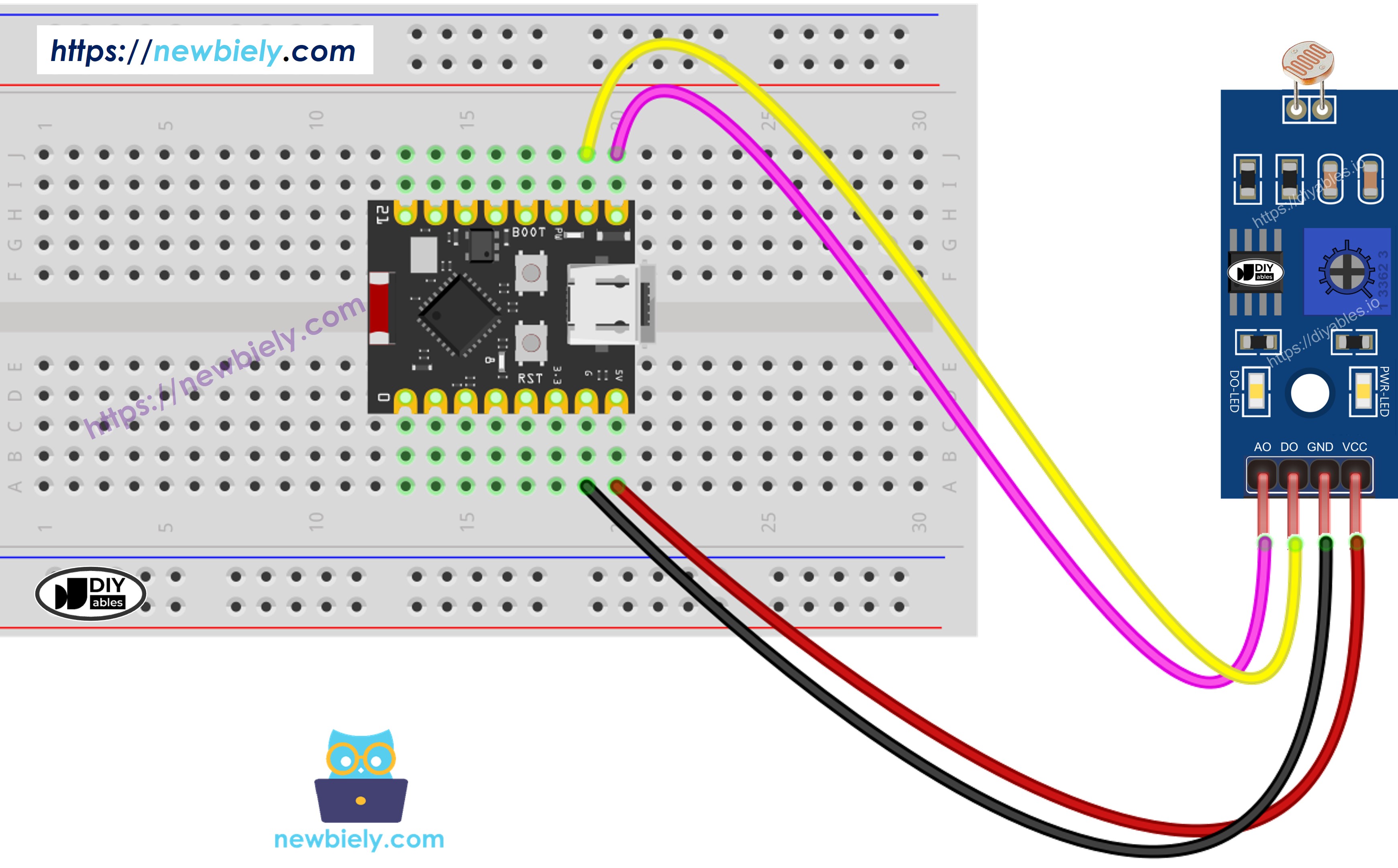 The wiring diagram between ESP32 C3 Super Mini LDR Light Sensor Module