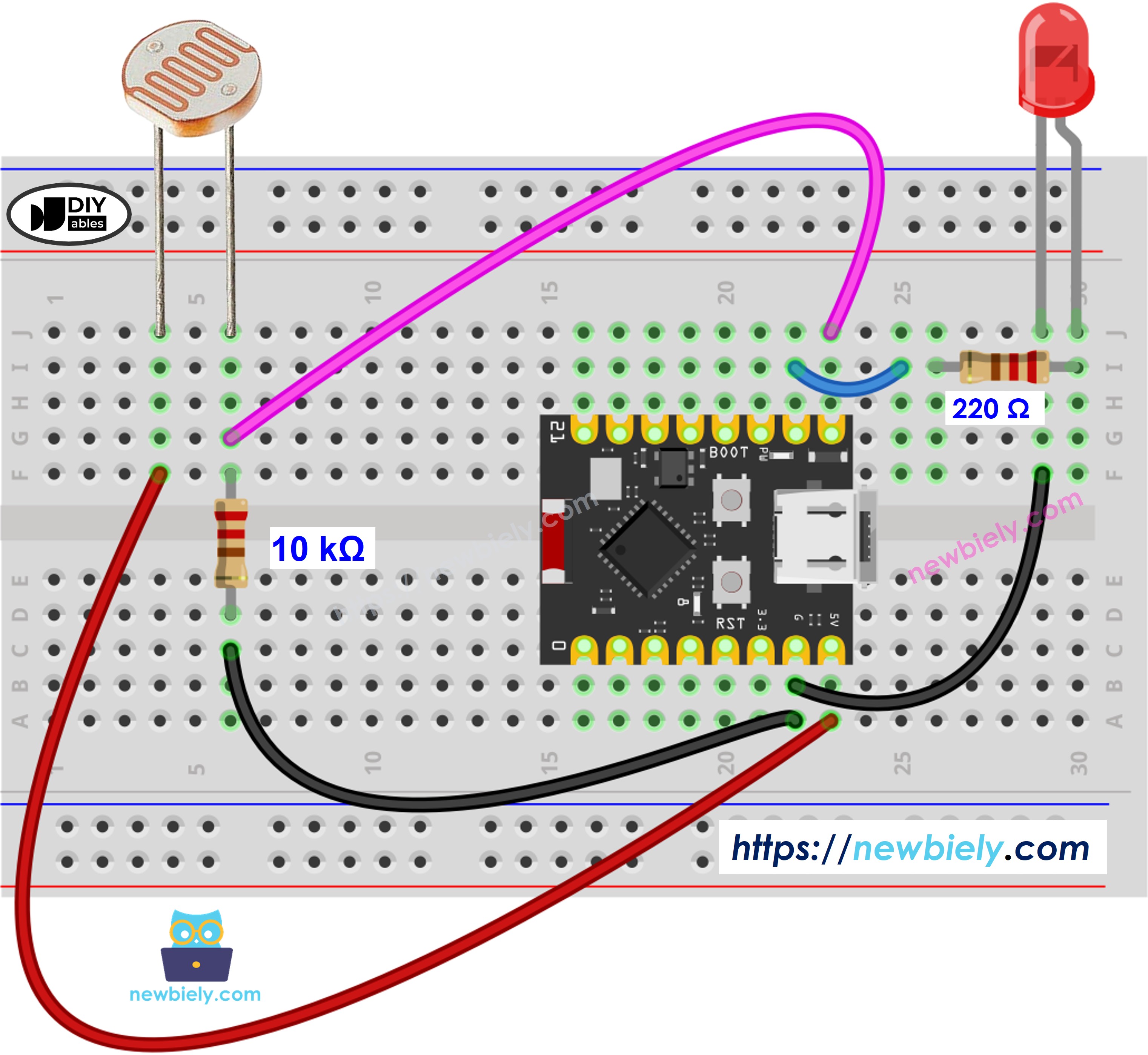 The wiring diagram between ESP32 C3 Super Mini Light Sensor LED