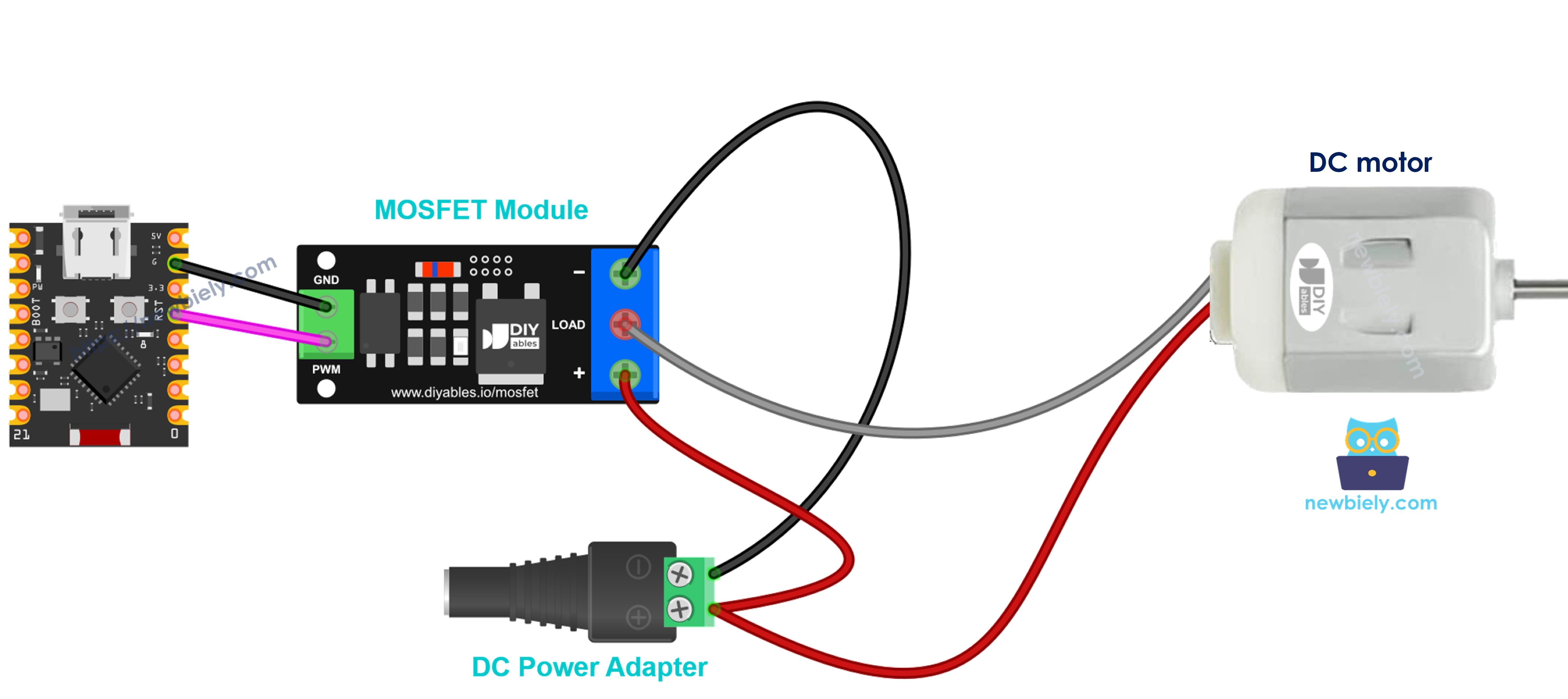 The wiring diagram between 12V DC motor and MOSFET module