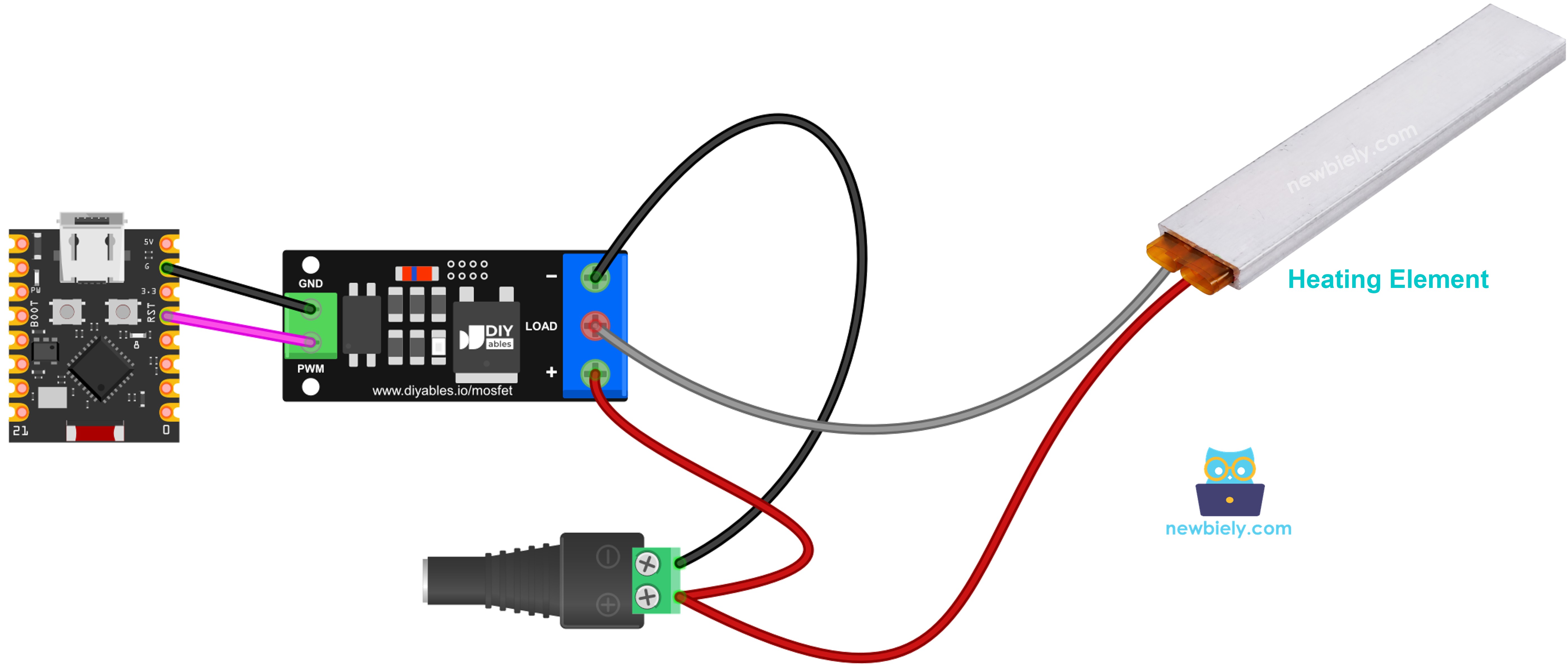 The wiring diagram between ESP32 C3 Super Mini heating element MOSFET module