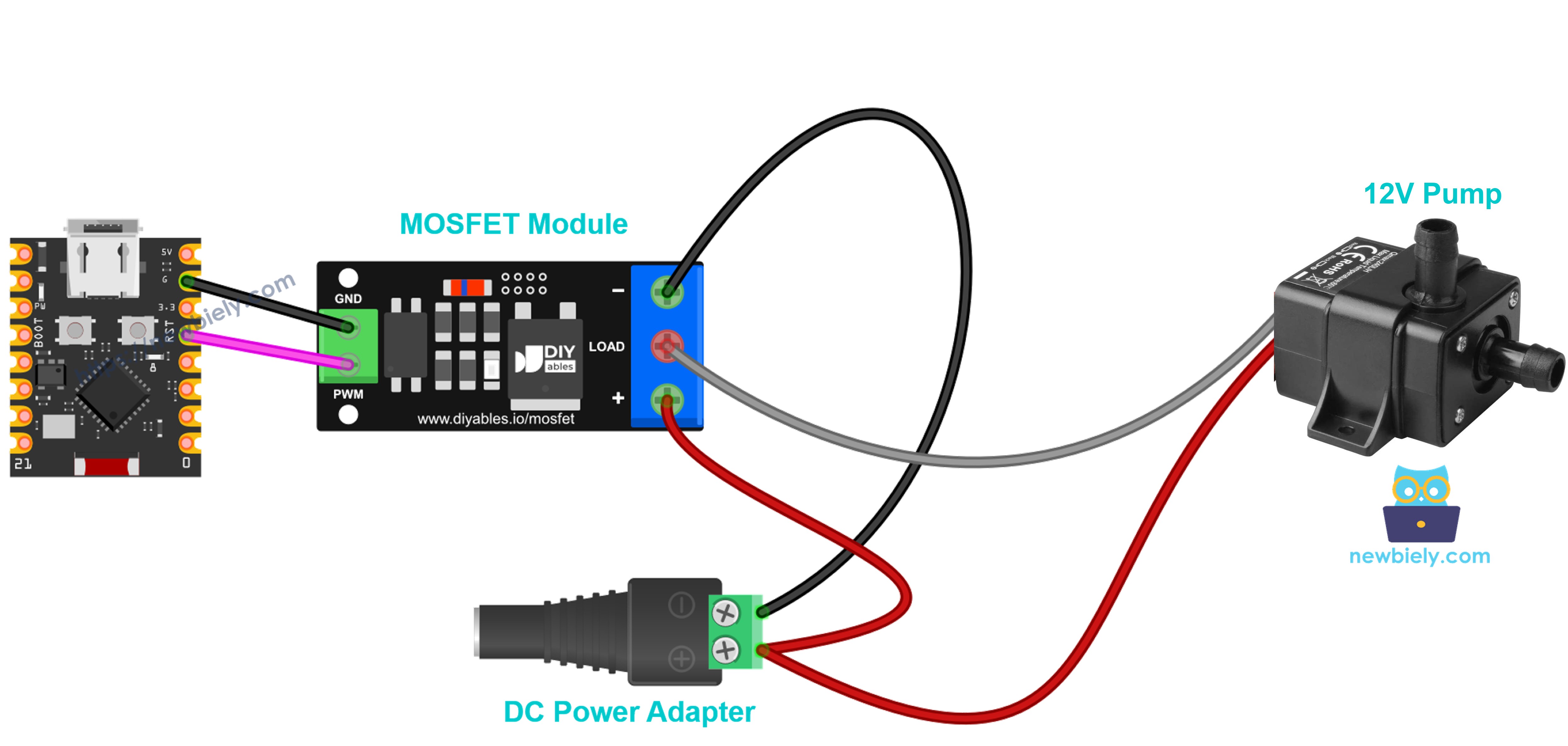 Water pump 12V wired through the MOSFET module