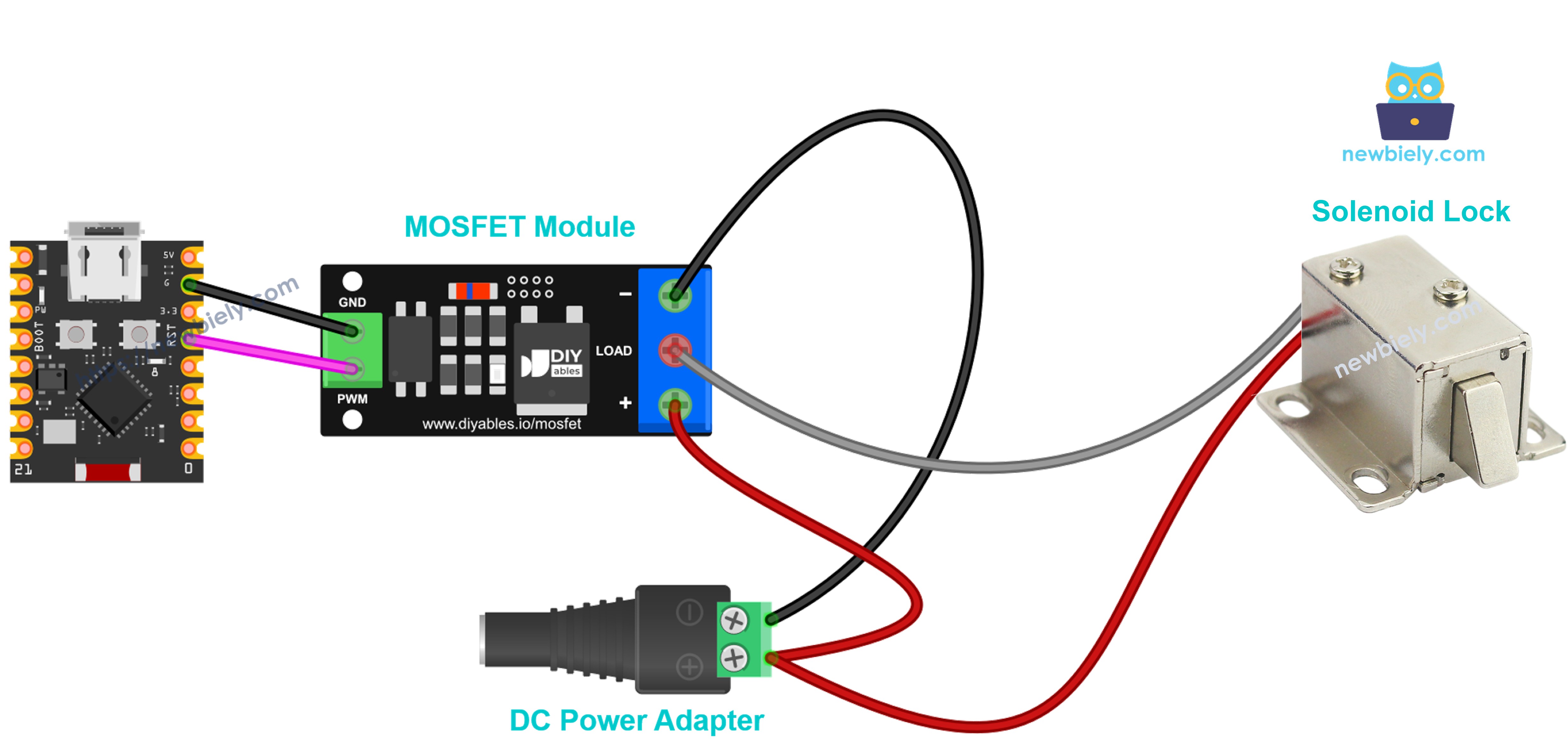12V solenoid lock wiring with the MOSFET module