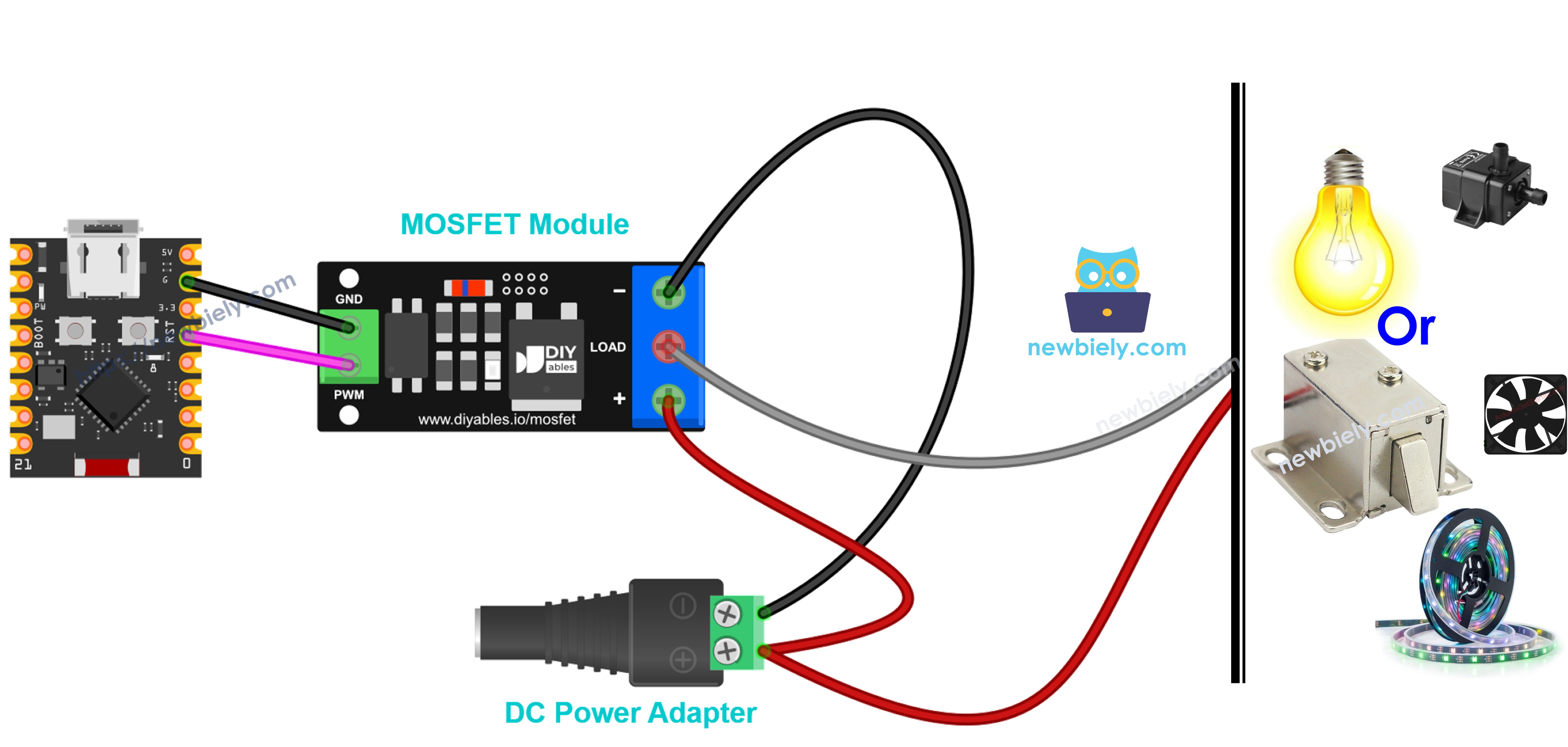 The wiring diagram between ESP32 C3 Super Mini with AOD4184, LR7843 or FR120N MOSFET Module