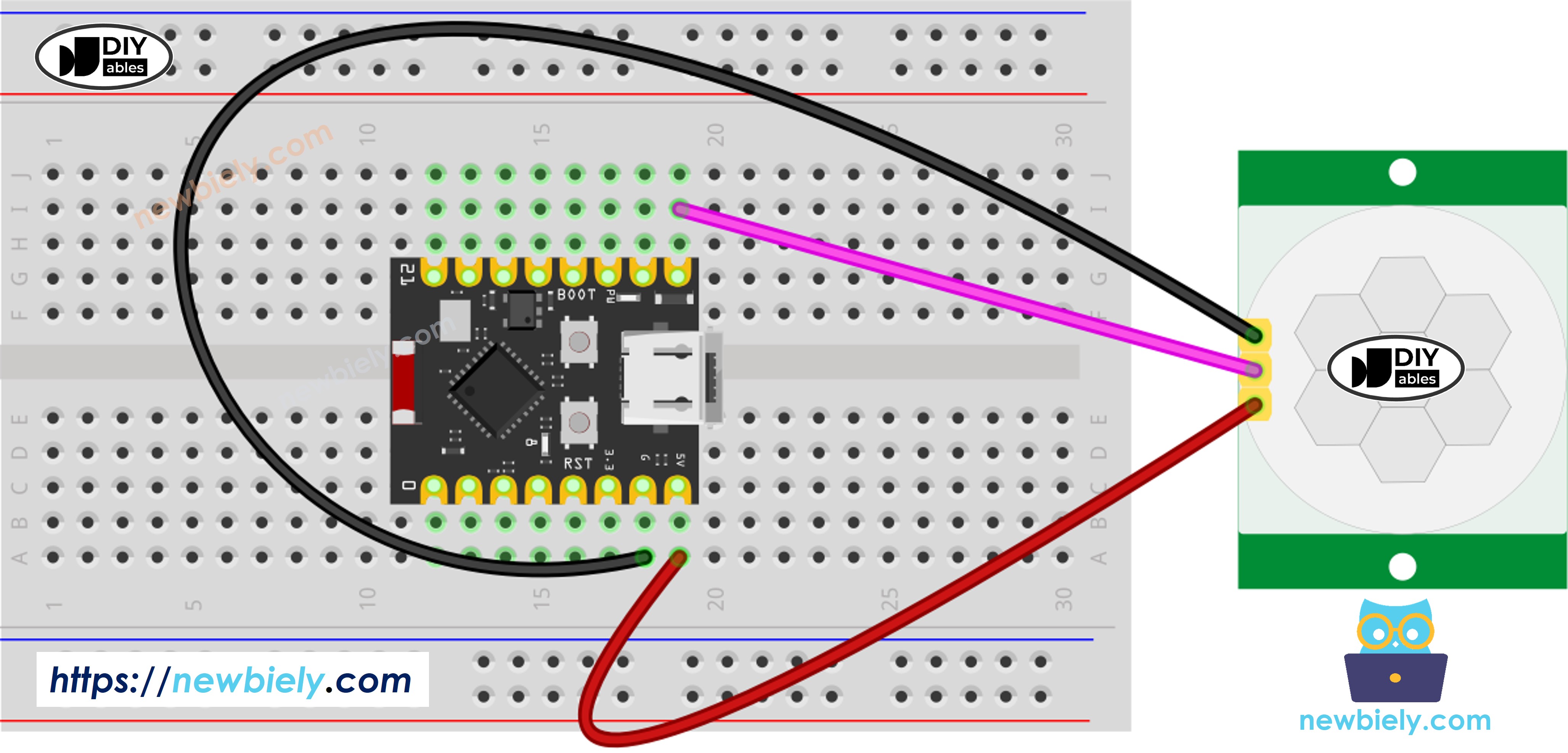 The wiring diagram between ESP32 C3 Super Mini Motion Sensor