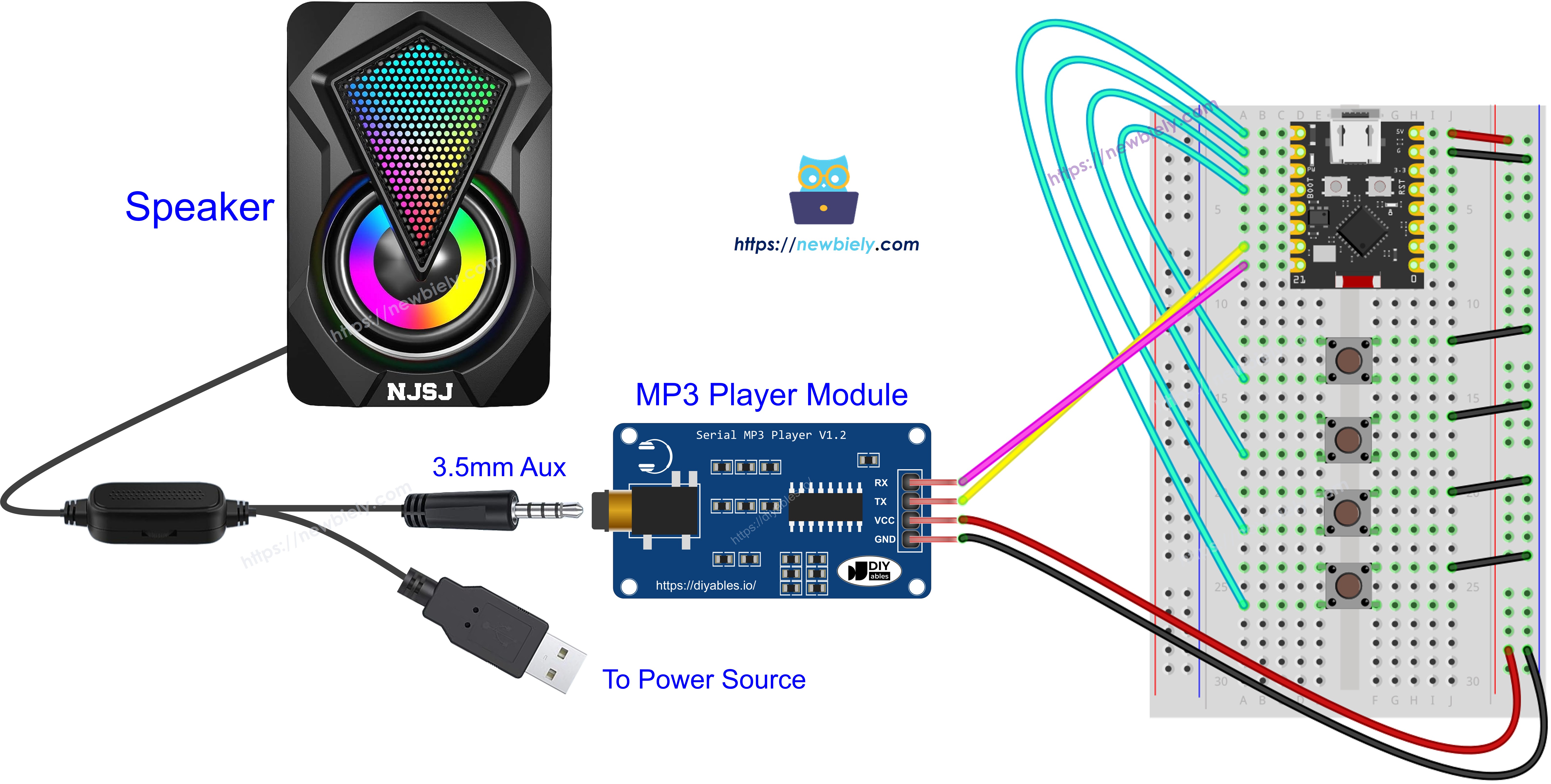 The wiring diagram between ESP32 C3 Super Mini MP3 player speaker