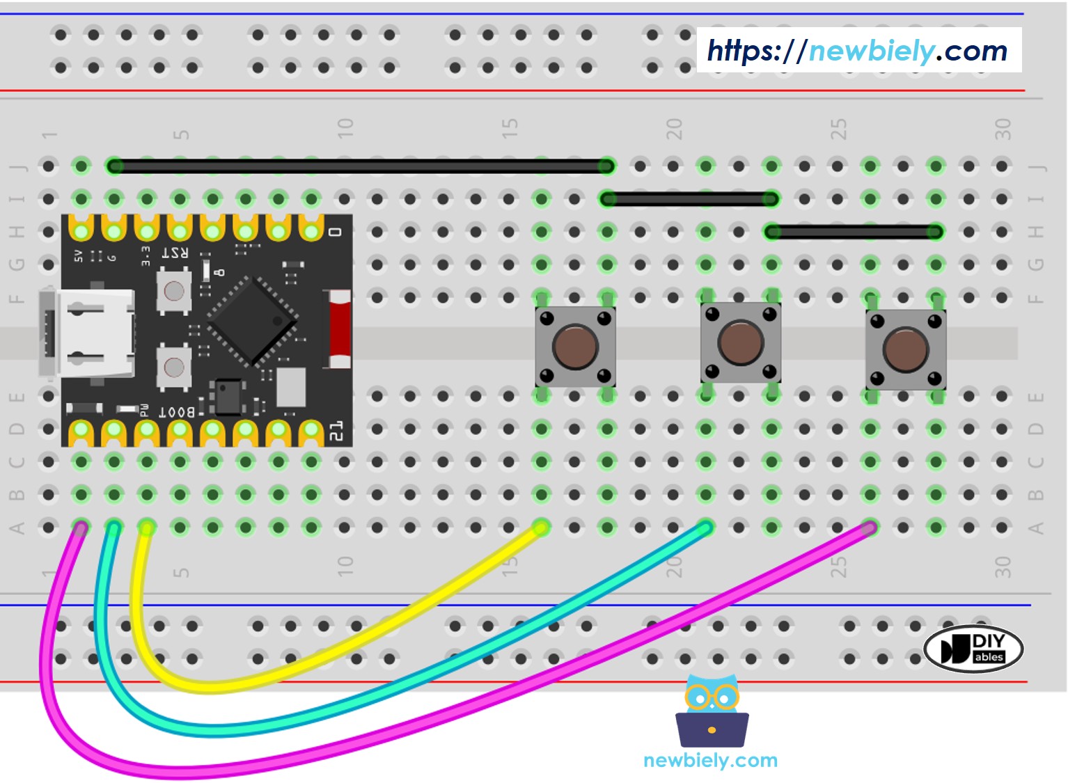 The wiring diagram between ESP32 C3 Super Mini Button Library