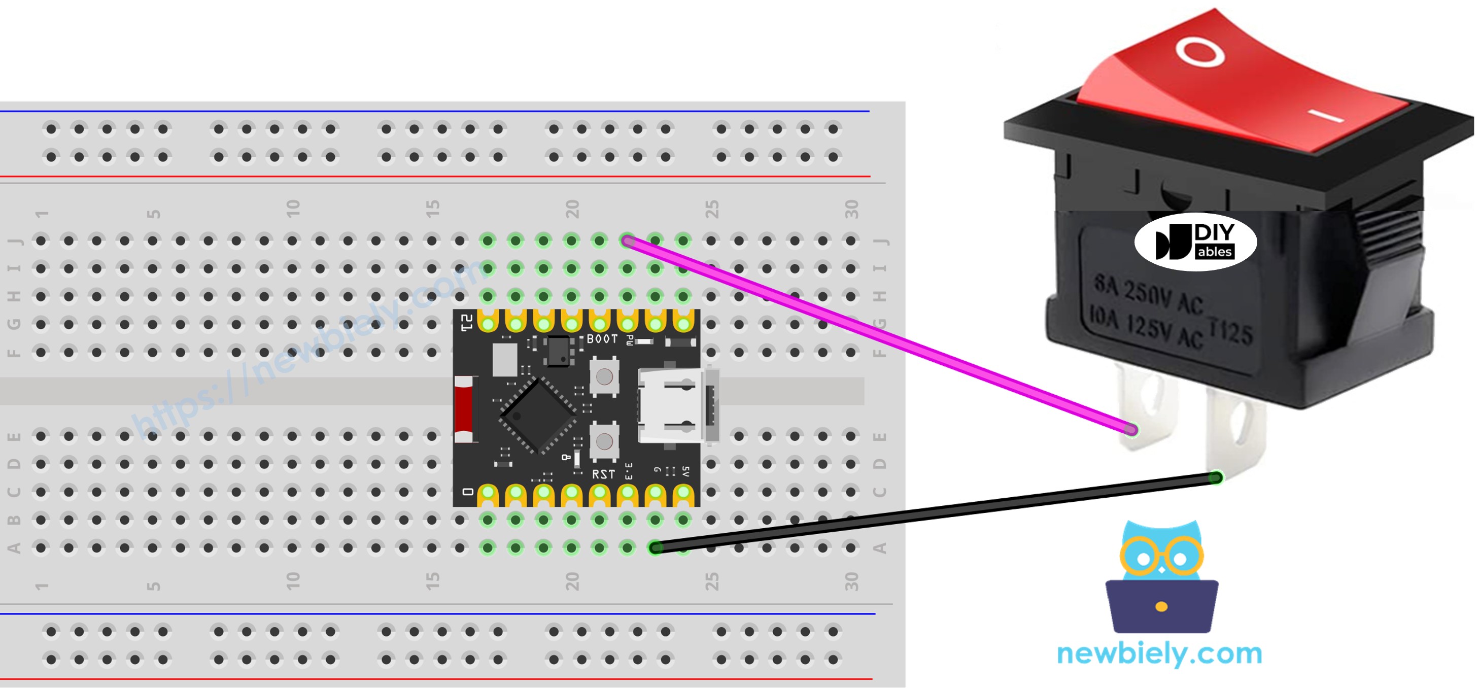 The wiring diagram between ESP32 C3 Super Mini ON/OFF Switch