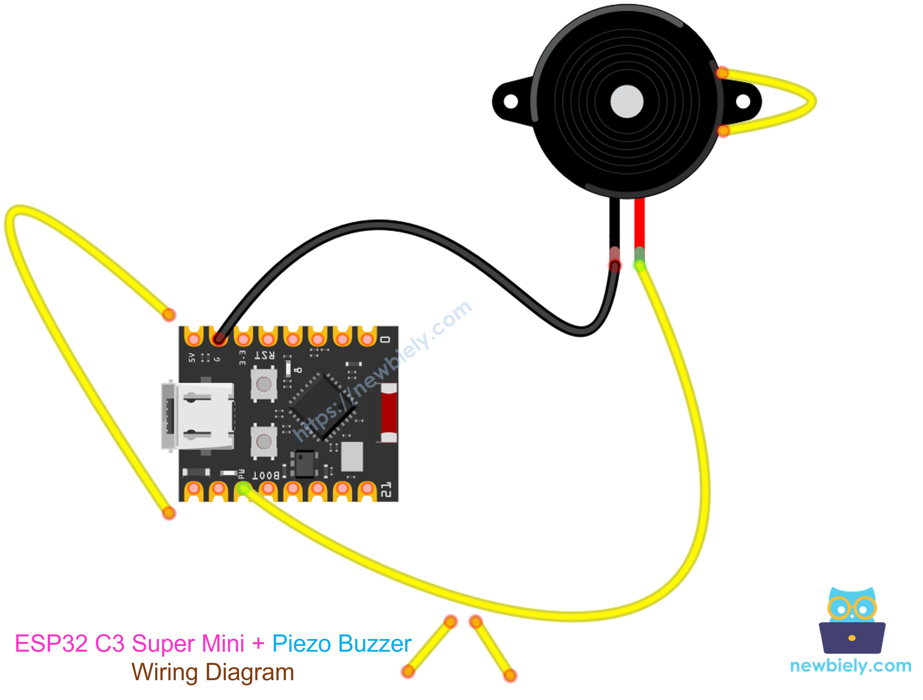 The wiring diagram between ESP32 C3 Super Mini Piezo Buzzer Duck