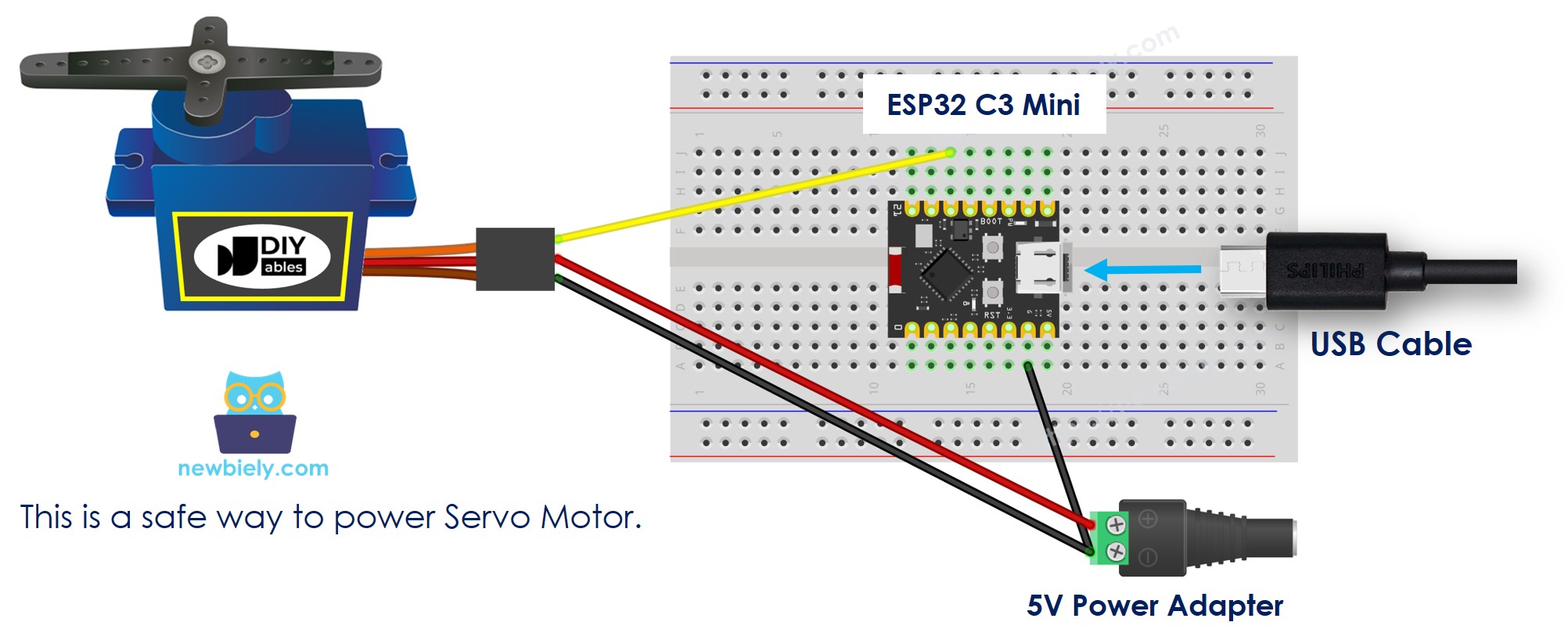 The wiring diagram between ESP32 C3 Super Mini servo motor external power supply