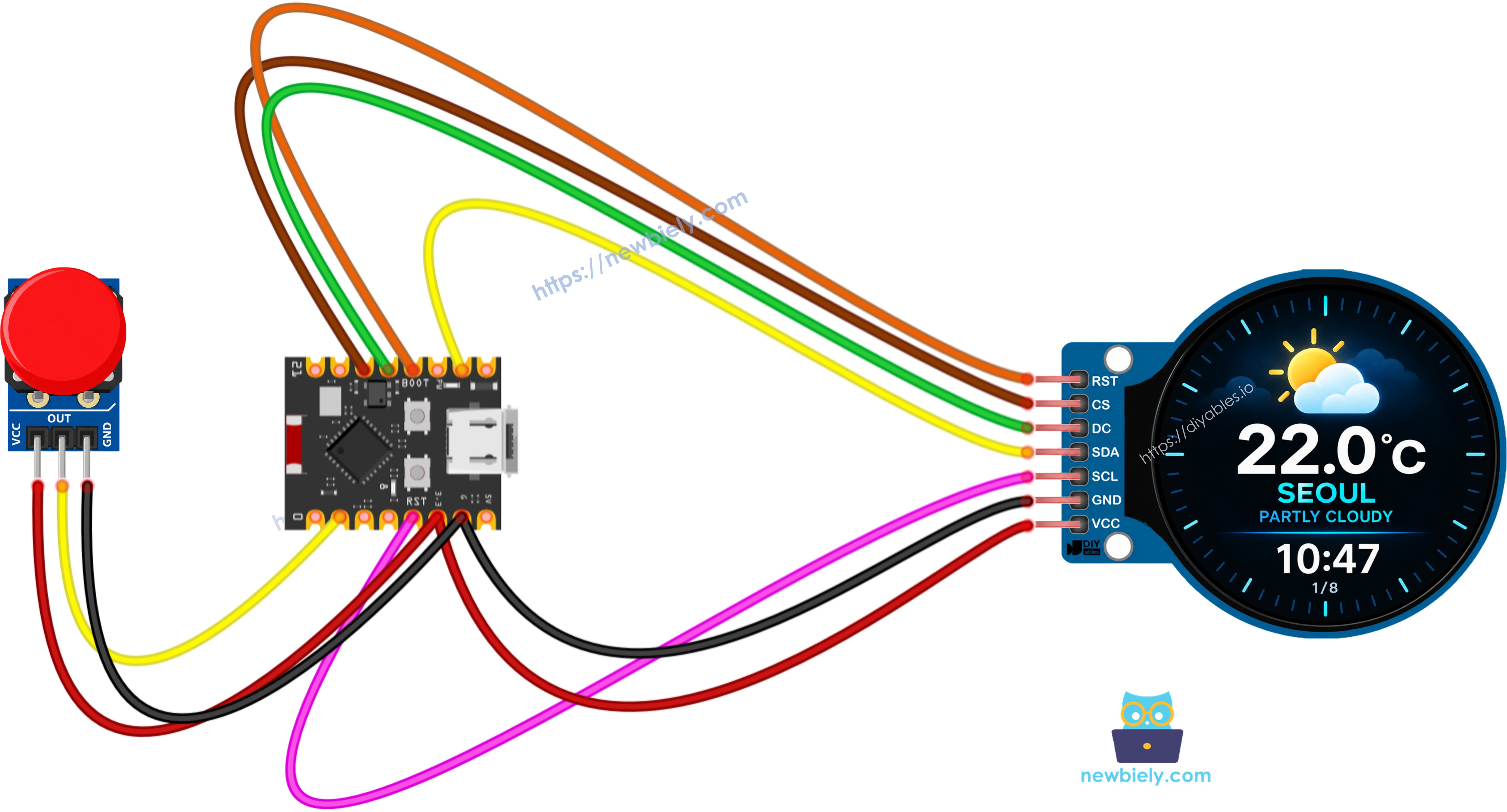 The wiring diagram between ESP32 C3 Super Mini smart weather station  with button module
