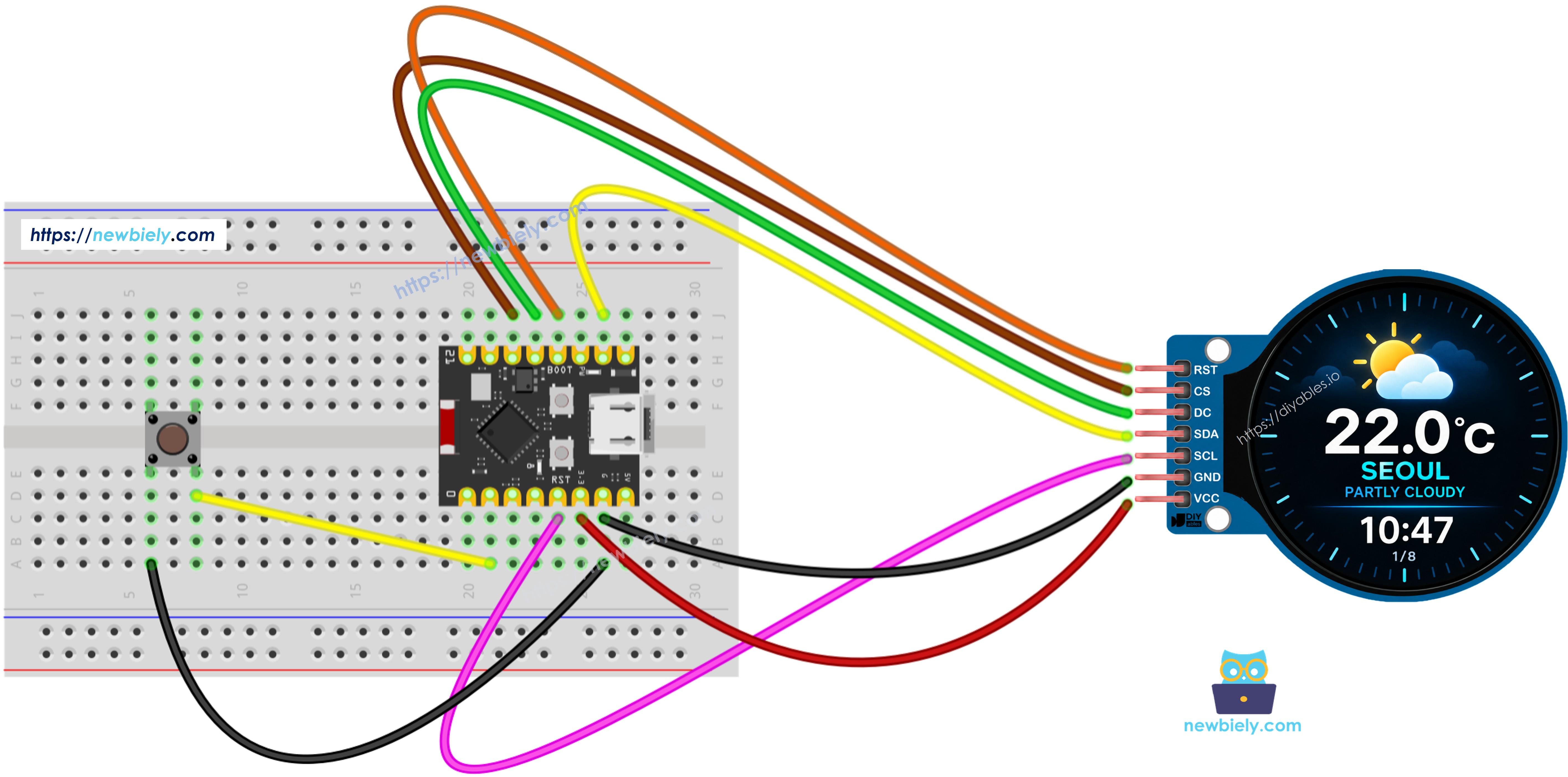 The wiring diagram between ESP32 C3 Super Mini smart weather station  with push button