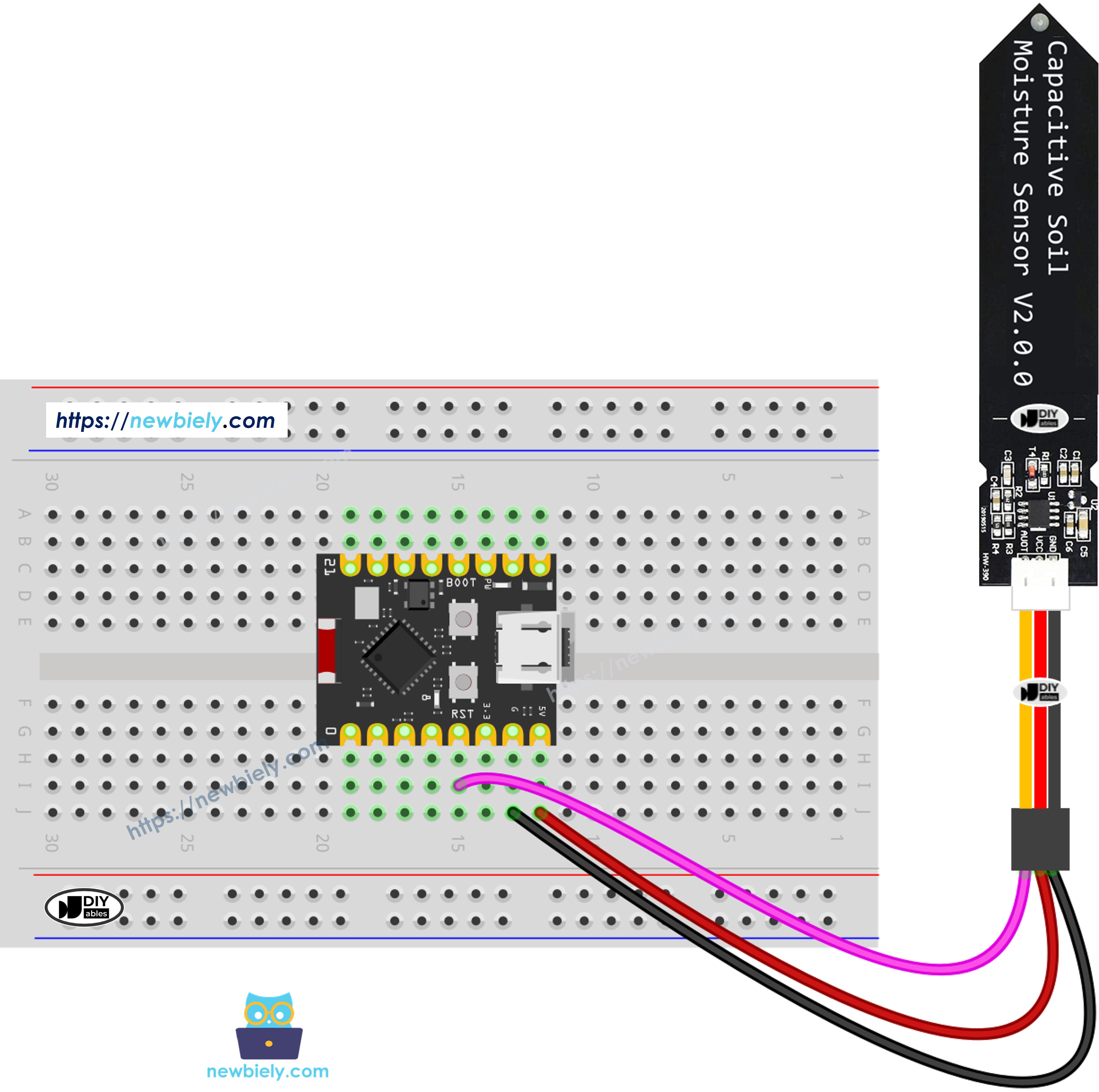 The wiring diagram between ESP32 C3 Super Mini soil moisture sensor