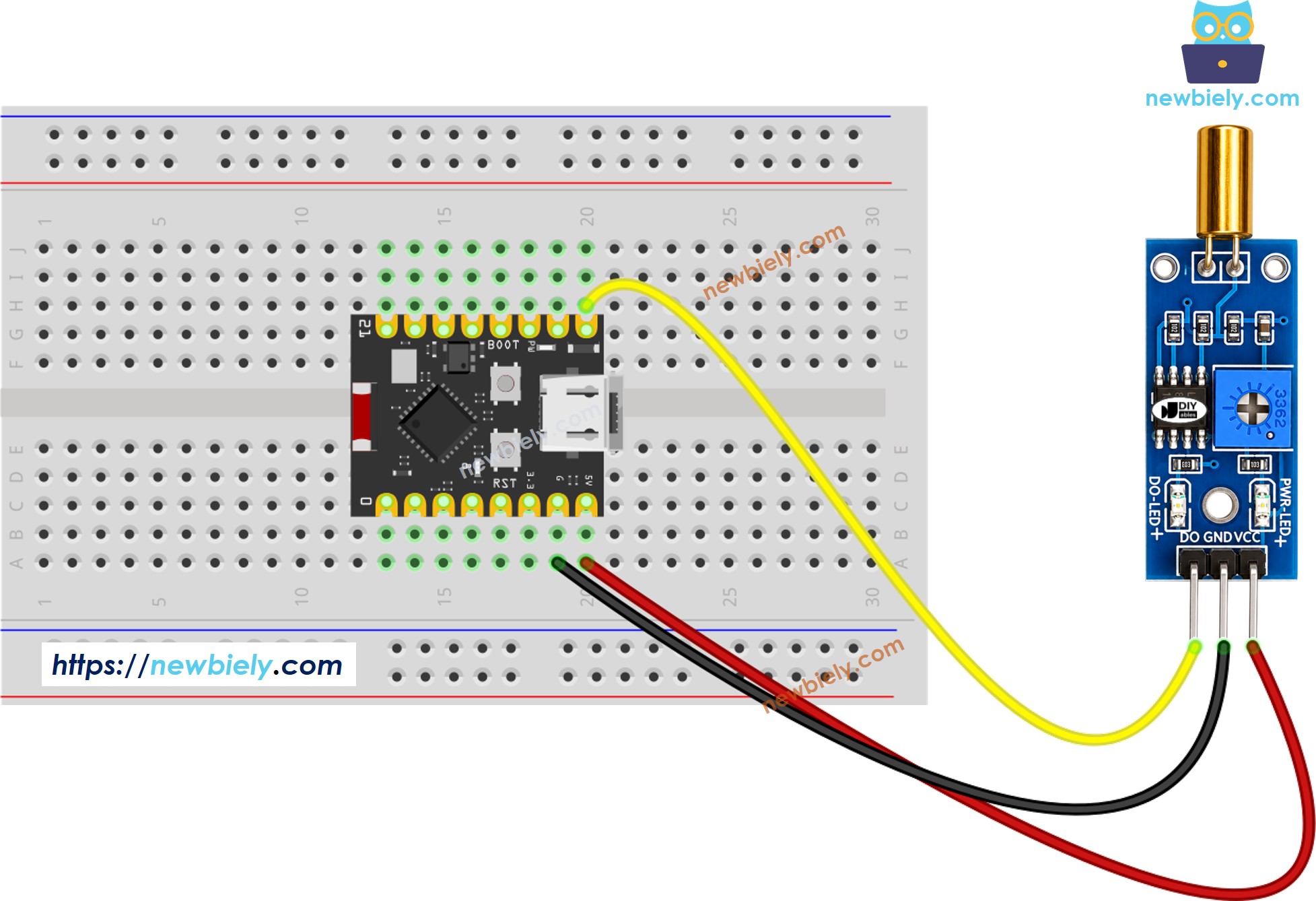 The wiring diagram between ESP32 C3 Super Mini SW520D Tilt Sensor