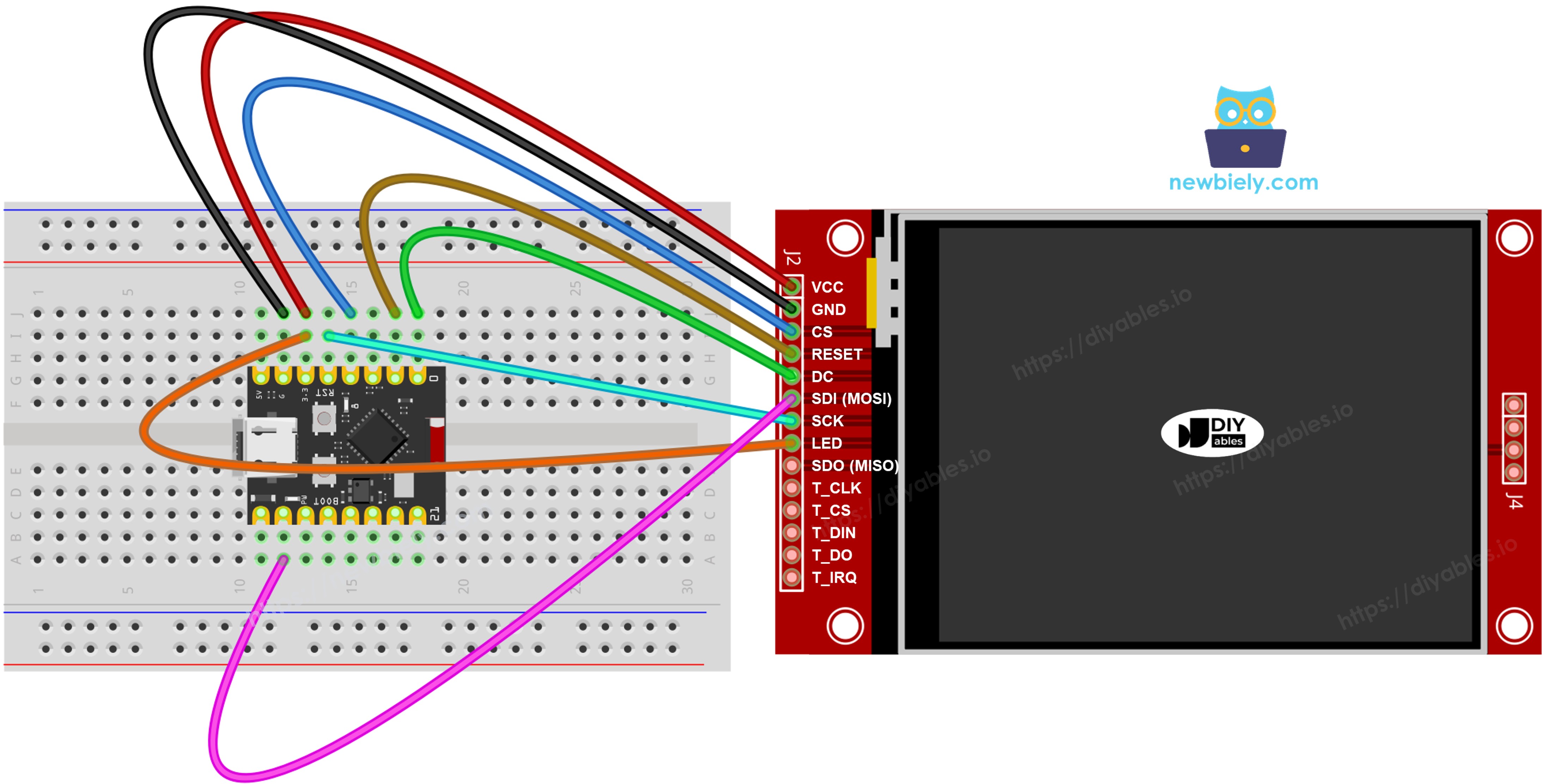 The wiring diagram between ESP32 C3 Super Mini TFT SPI Display  without touch