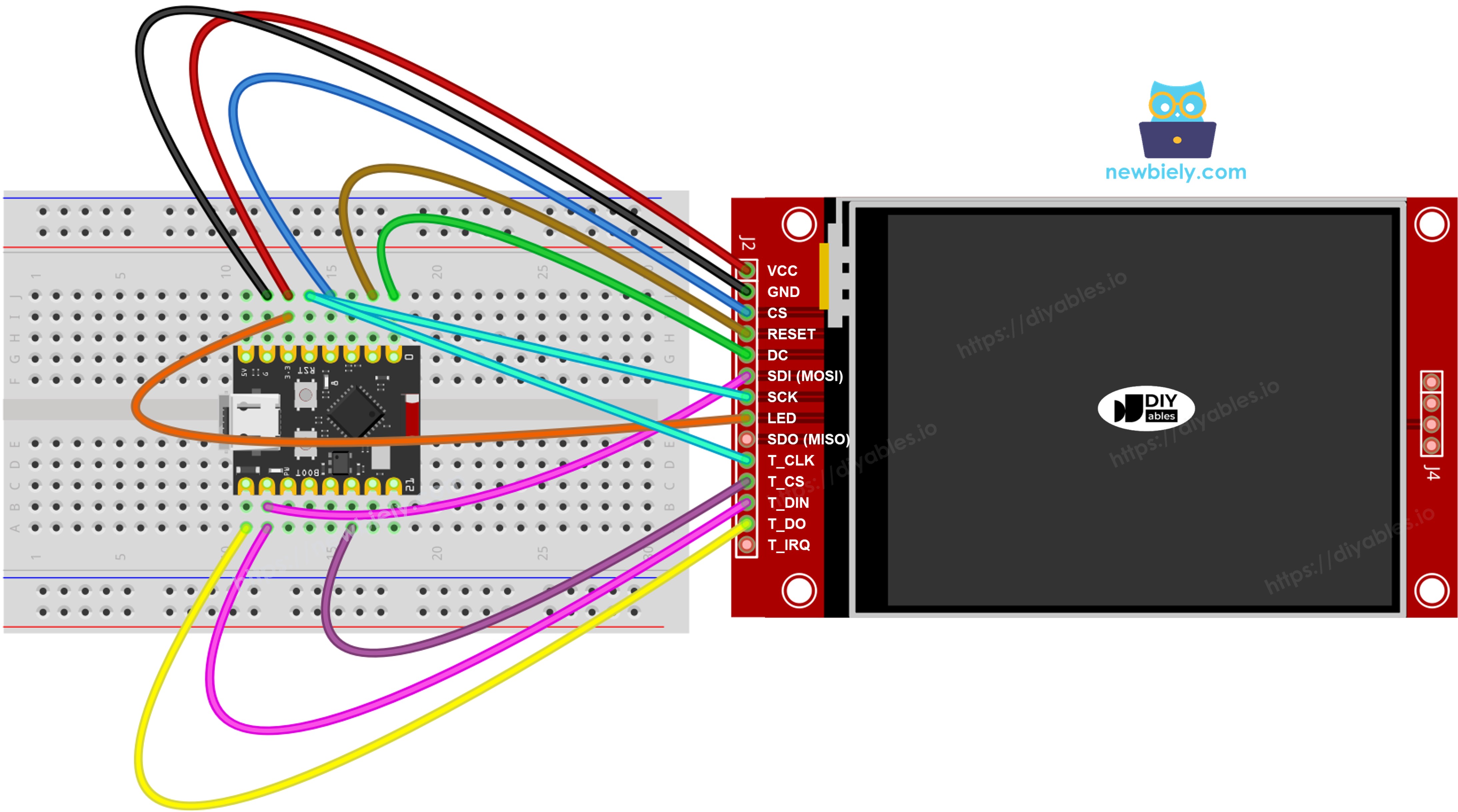 The wiring diagram between ESP32 C3 Super Mini TFT SPI Display  with touch