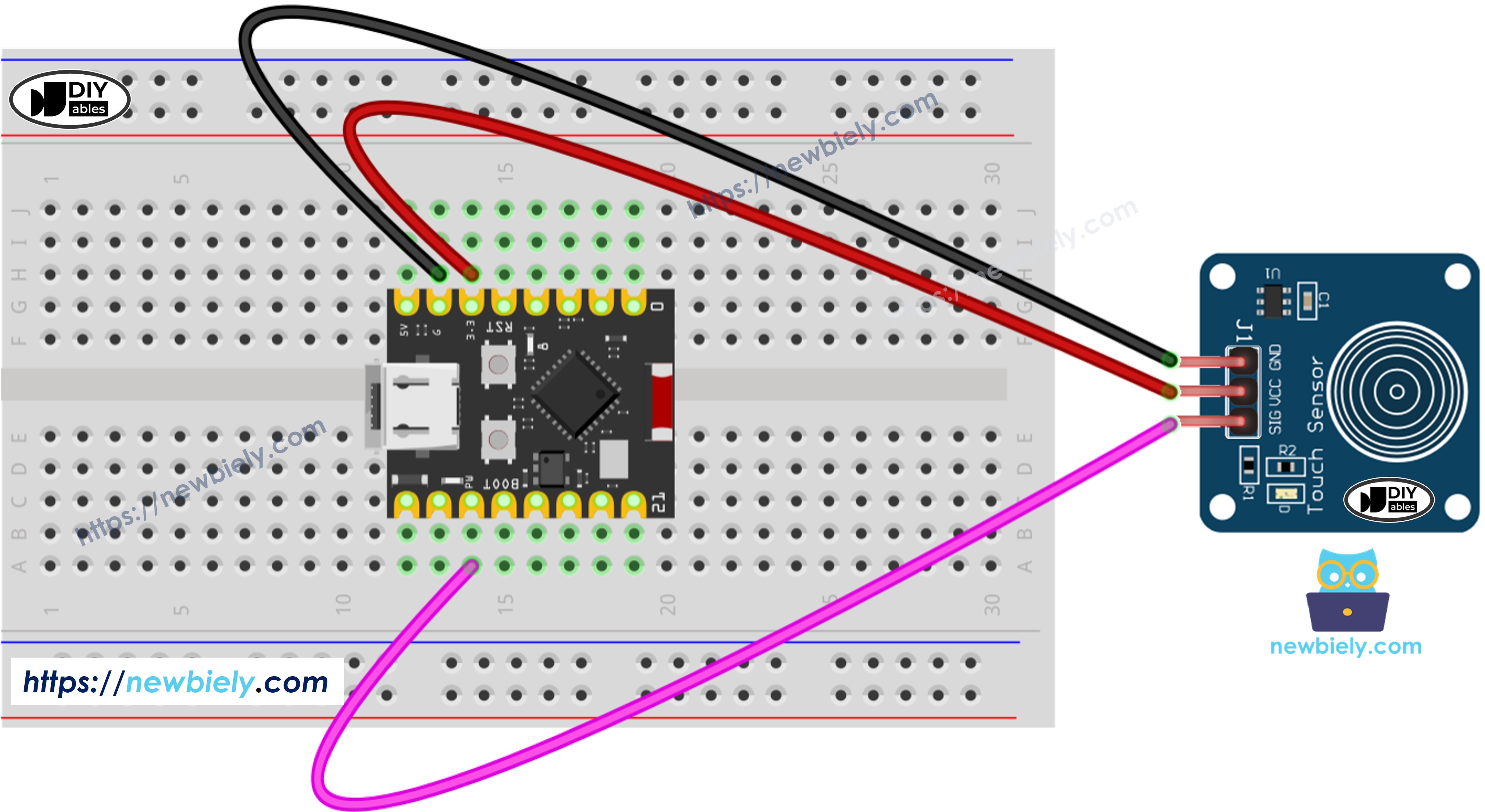 The wiring diagram between ESP32 C3 Super Mini Touch Sensor