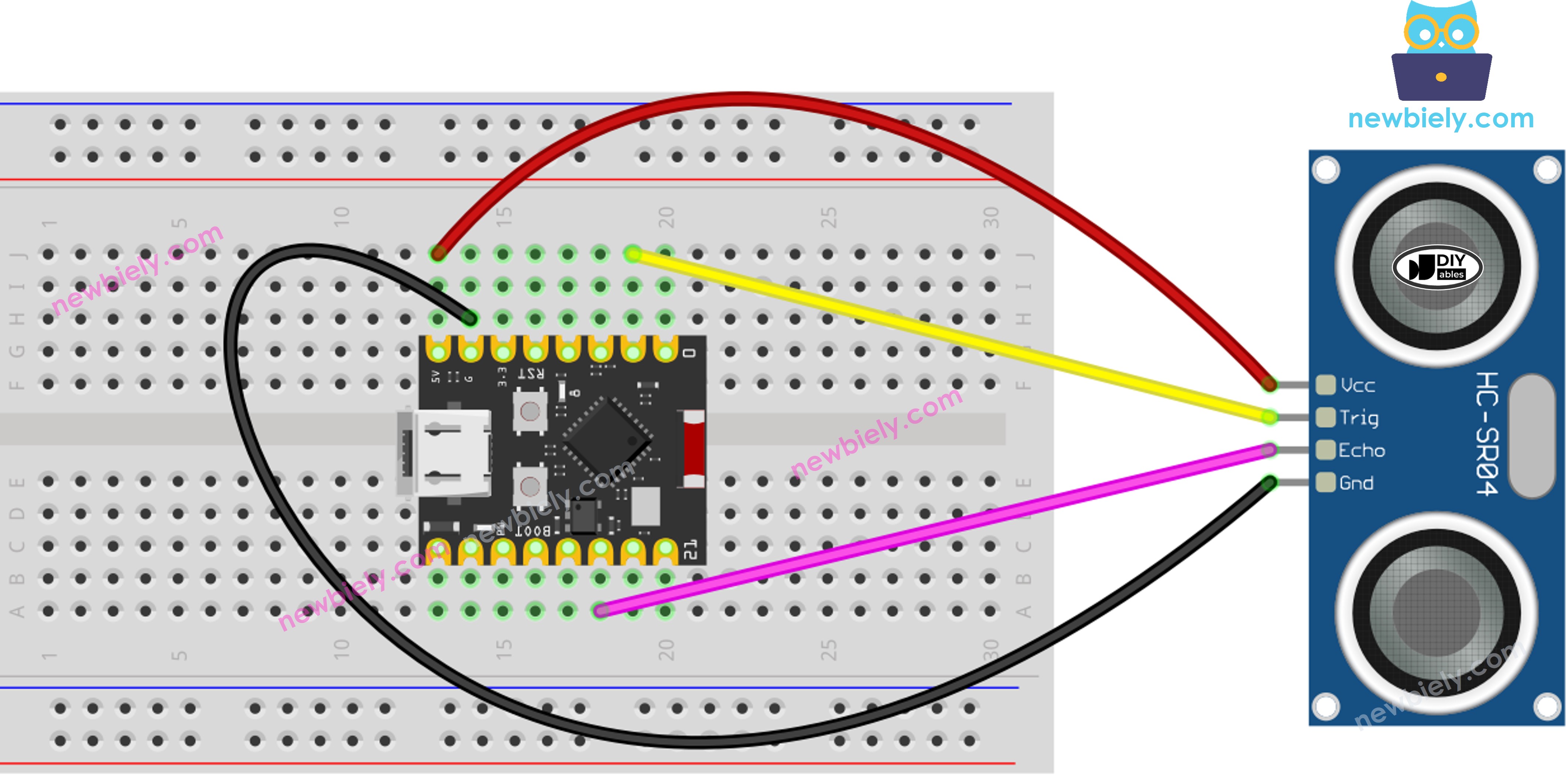 The wiring diagram between ESP32 C3 Super Mini ultrasonic sensor