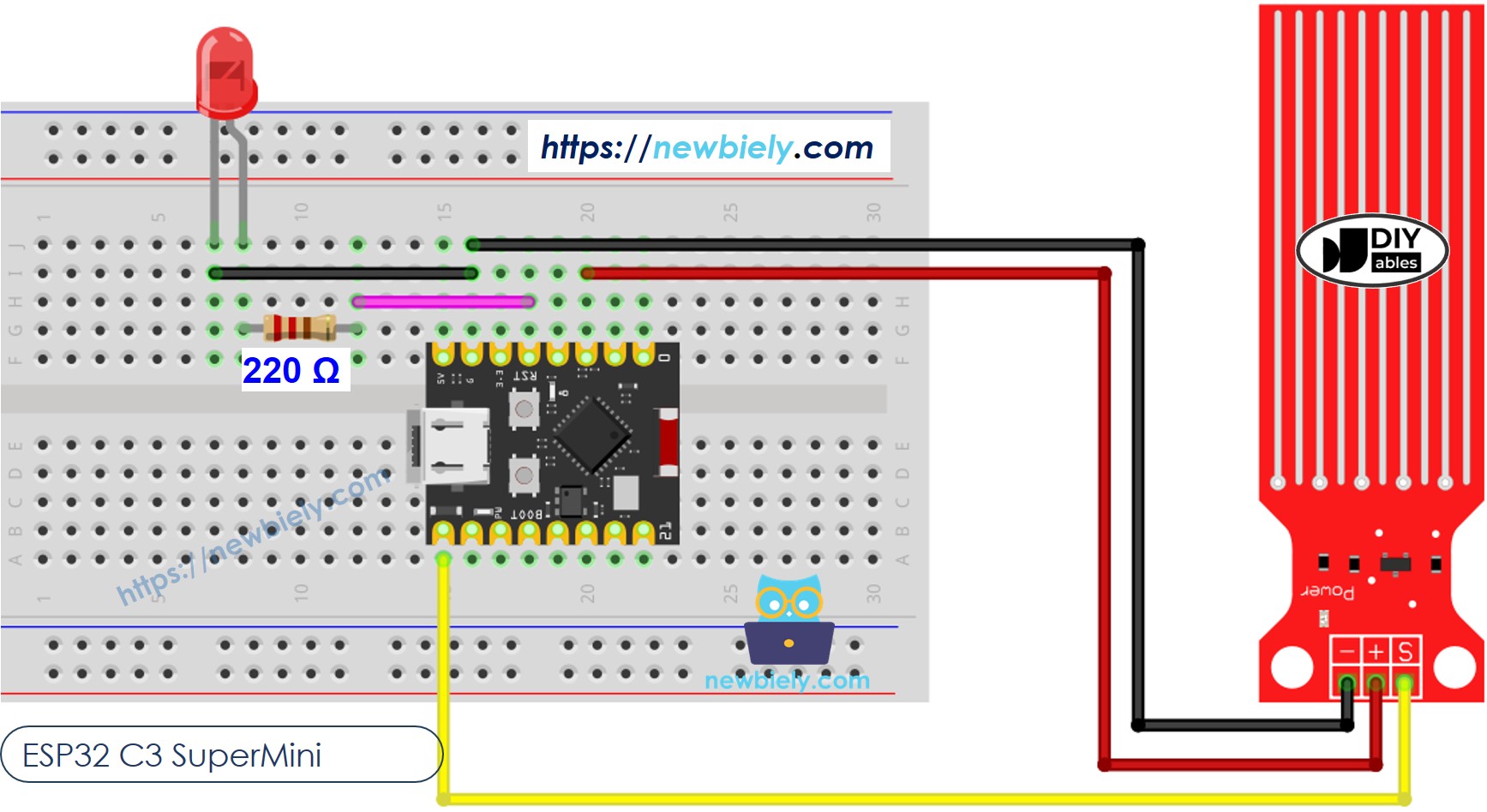 The wiring diagram between ESP32 C3 Super Mini Water Sensor LED