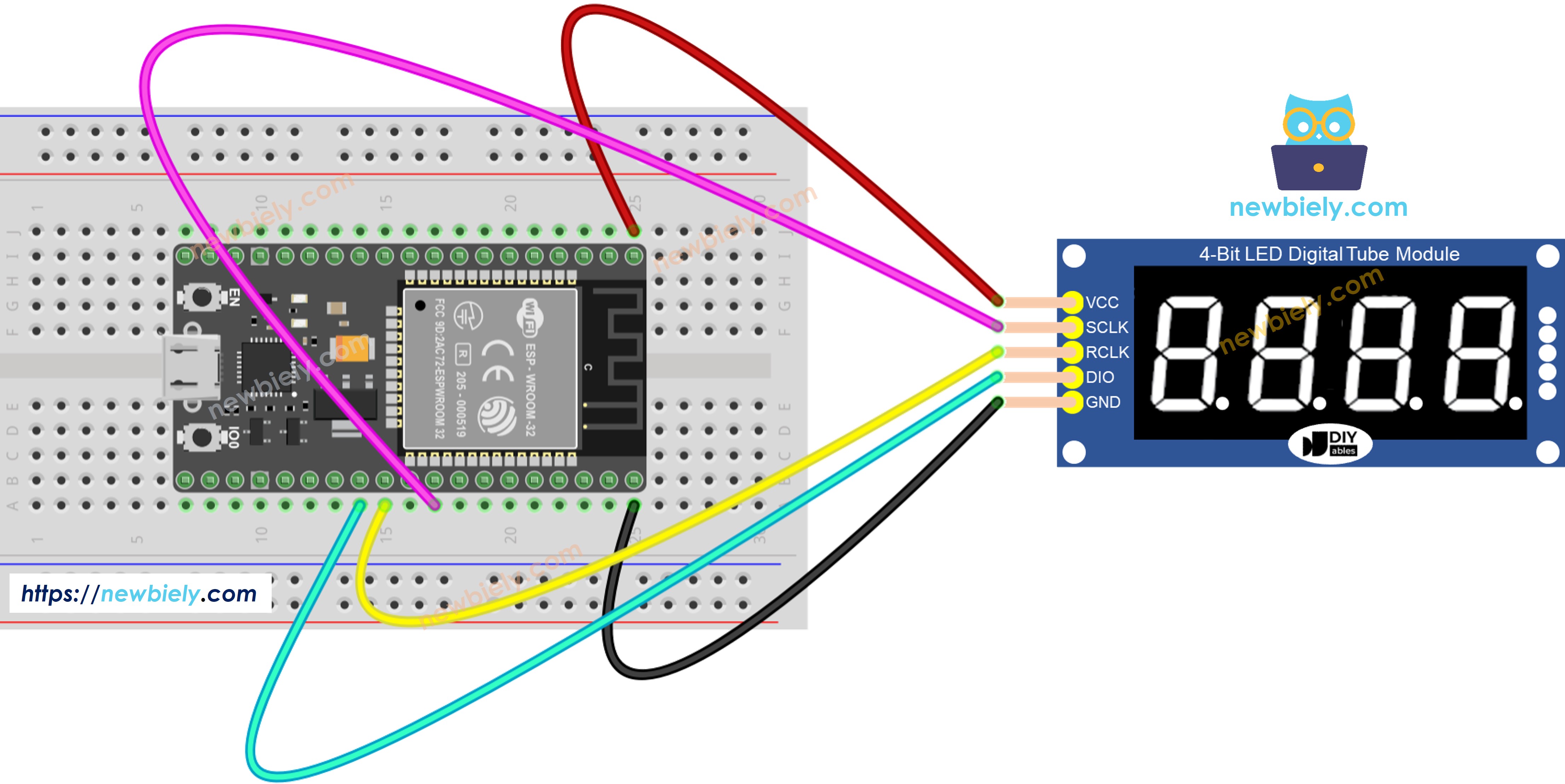 The wiring diagram between ESP32 4-Digit 7-Segment Display 74HC595