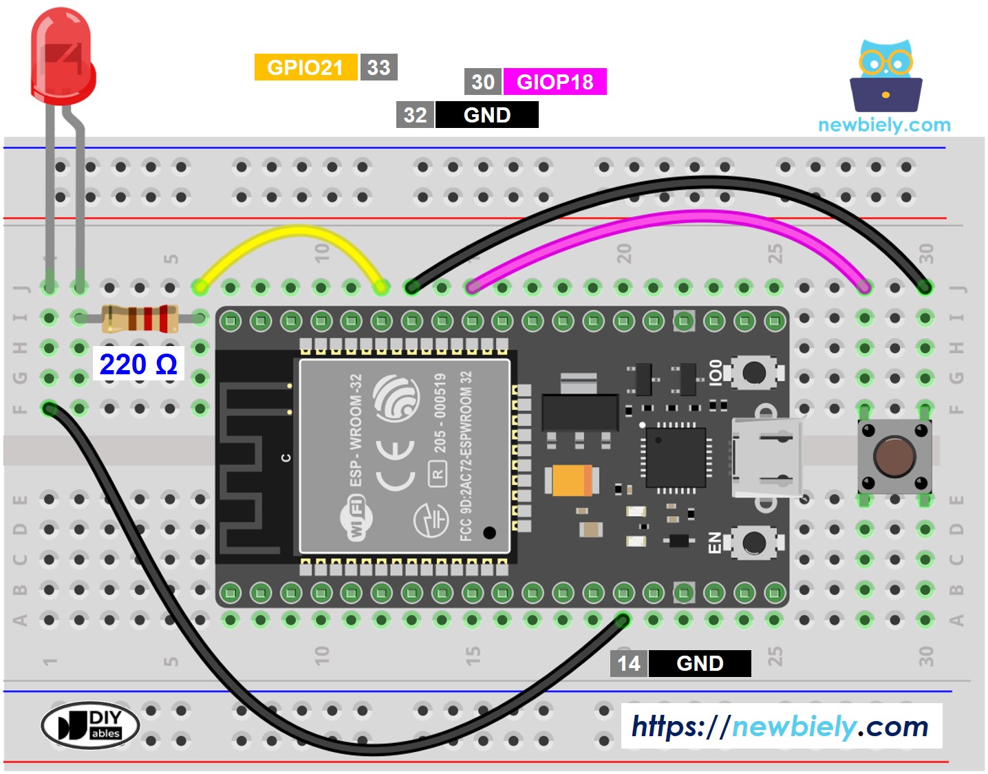 The wiring diagram between ESP32 MicroPython Button LED