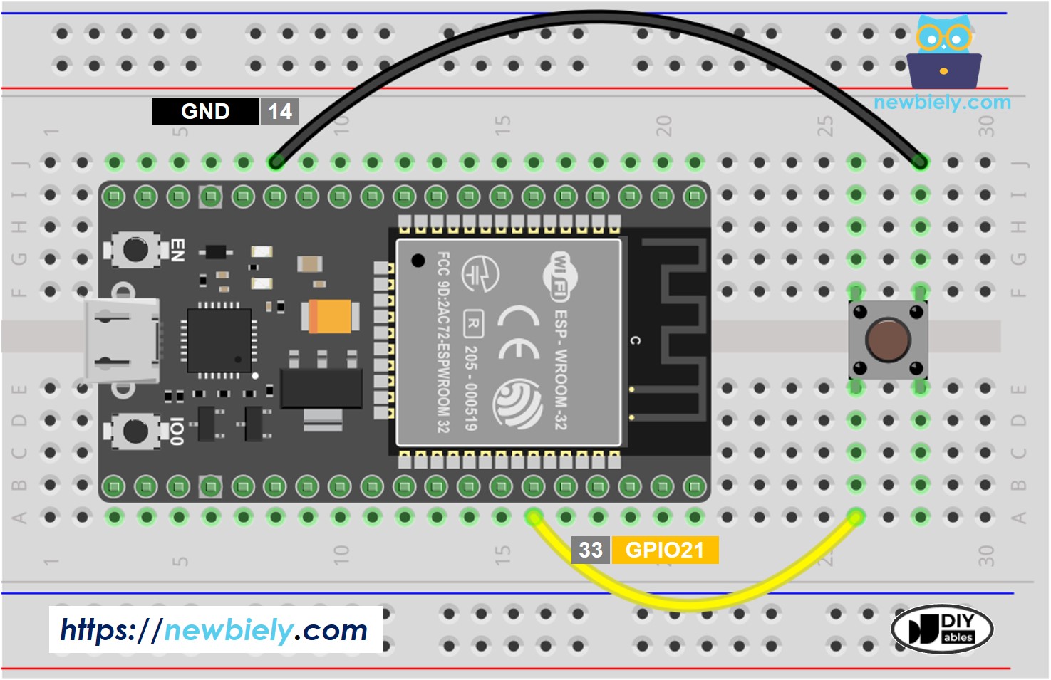 The wiring diagram between ESP32 MicroPython Button