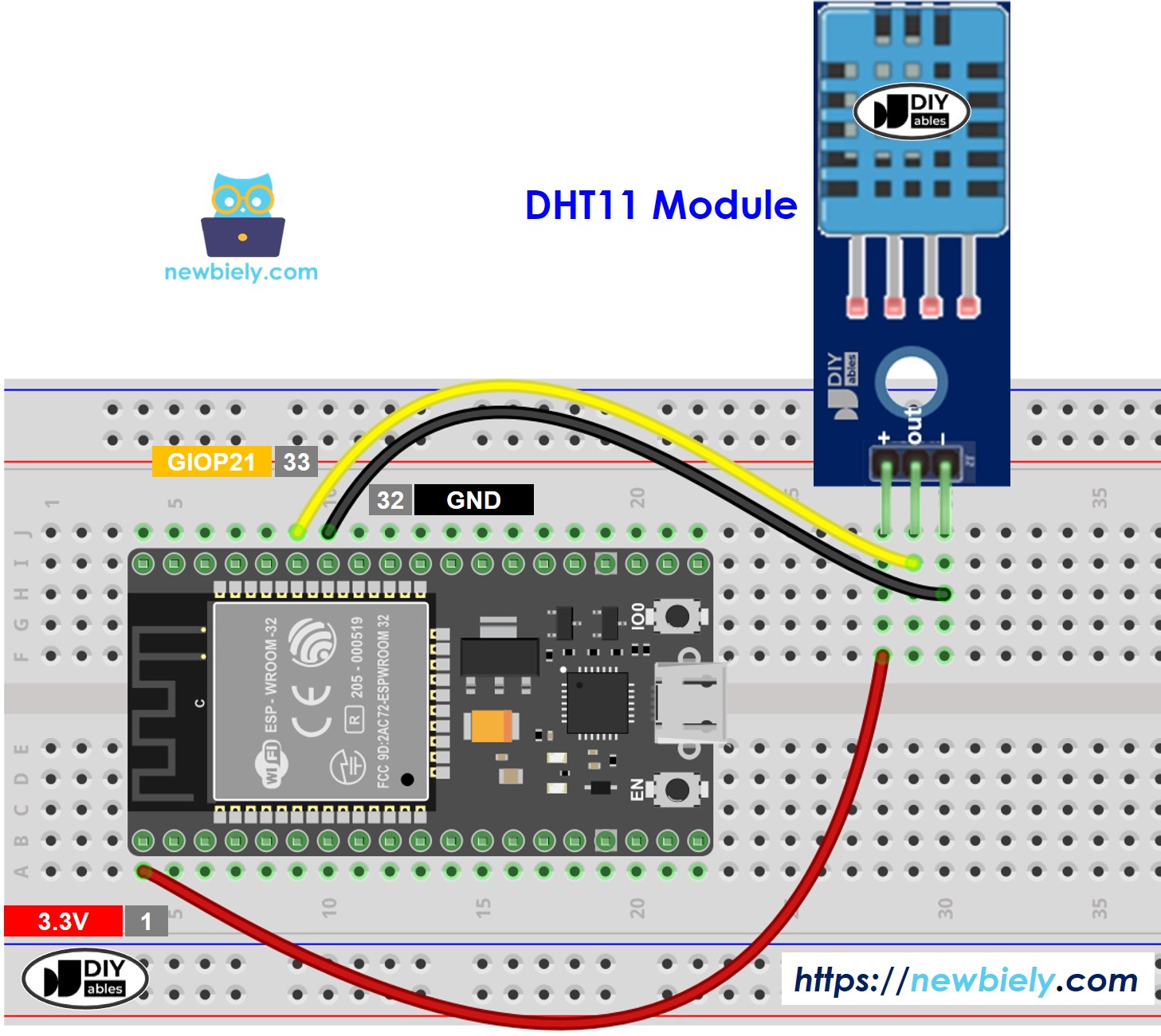 The wiring diagram between ESP32 MicroPython DHT11 Temperature and humidity Module