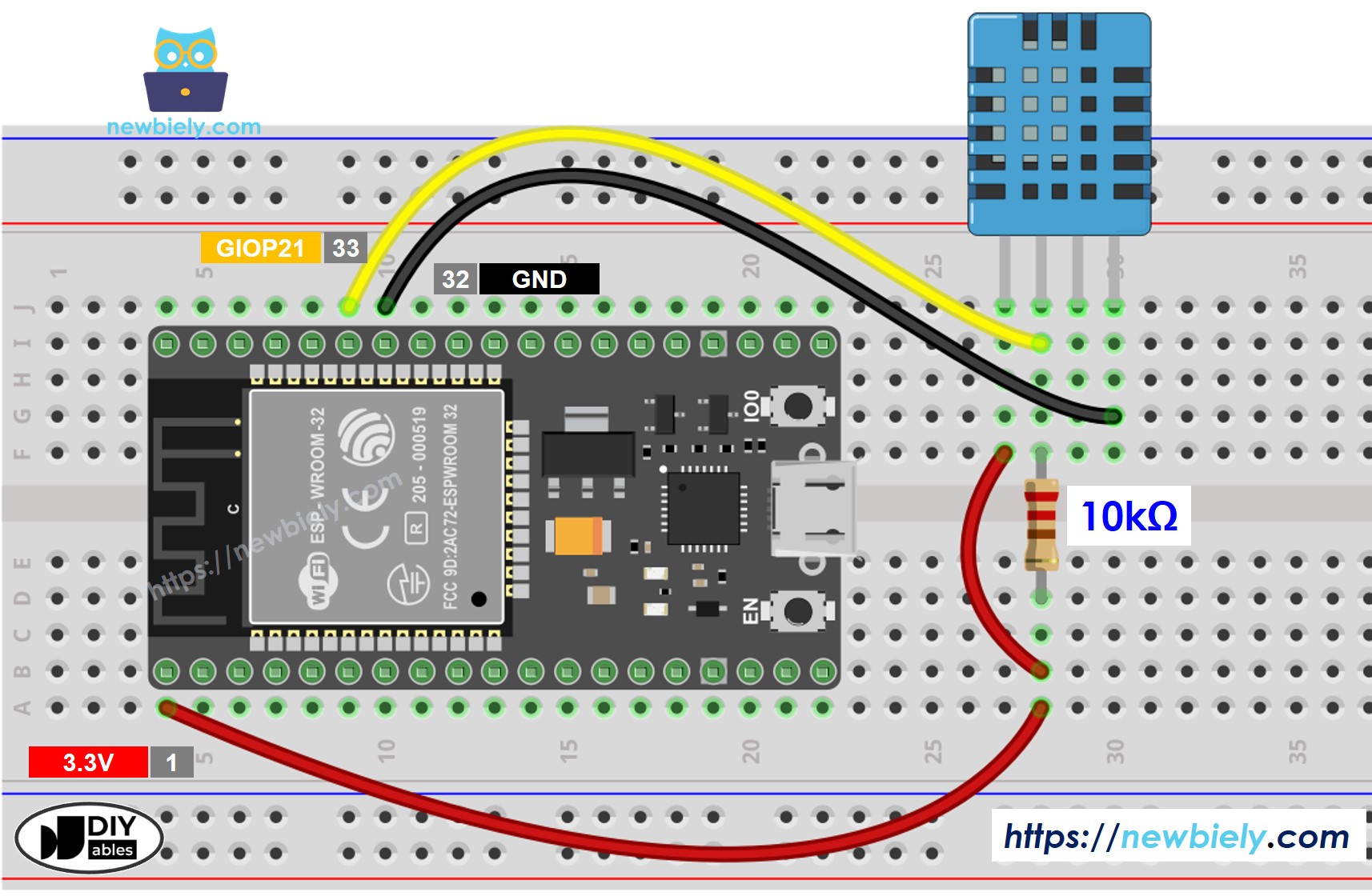 The wiring diagram between ESP32 MicroPython DHT11 Temperature and humidity Sensor