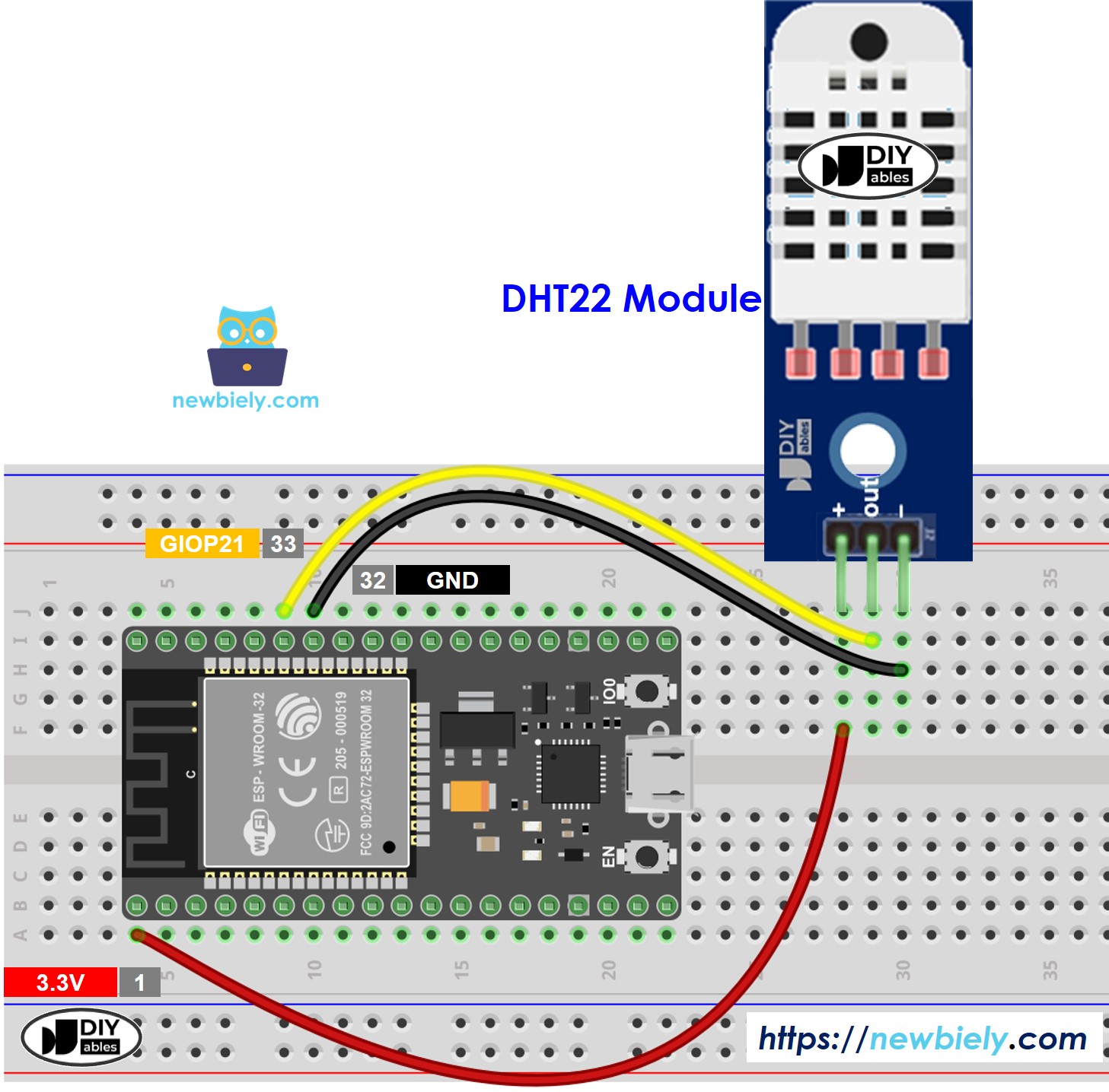 The wiring diagram between ESP32 MicroPython DHT22 Temperature and humidity Module