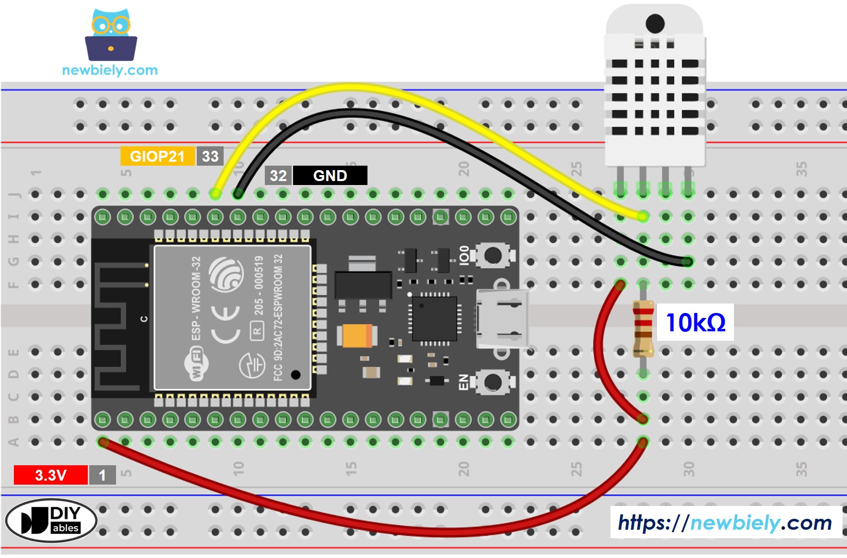 The wiring diagram between ESP32 MicroPython DHT22 Temperature and humidity Sensor