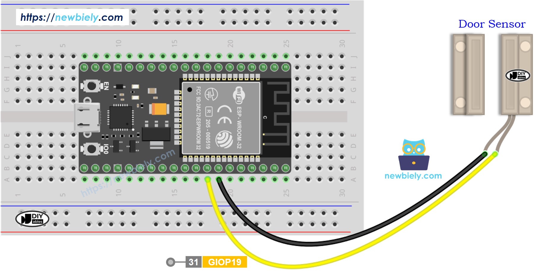 The wiring diagram between ESP32 MicroPython Door Sensor