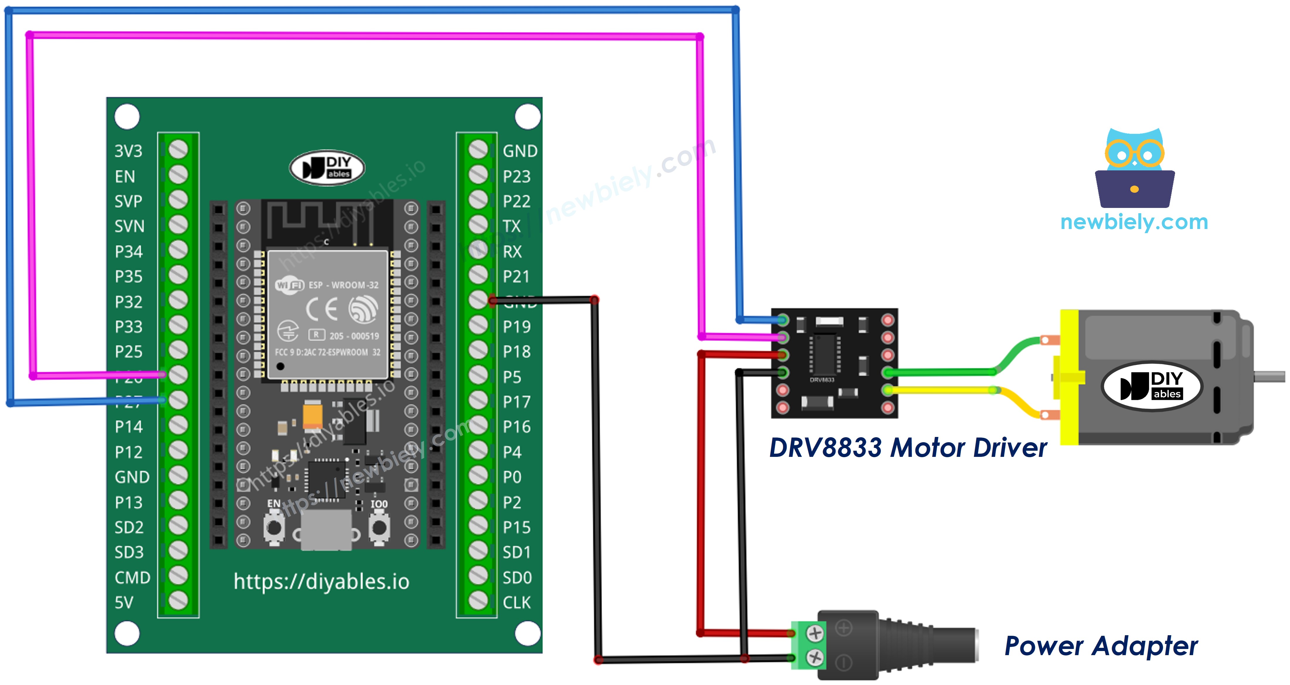 The wiring diagram between ESP32 MicroPython DRV8833 one DC motor screw terminal block