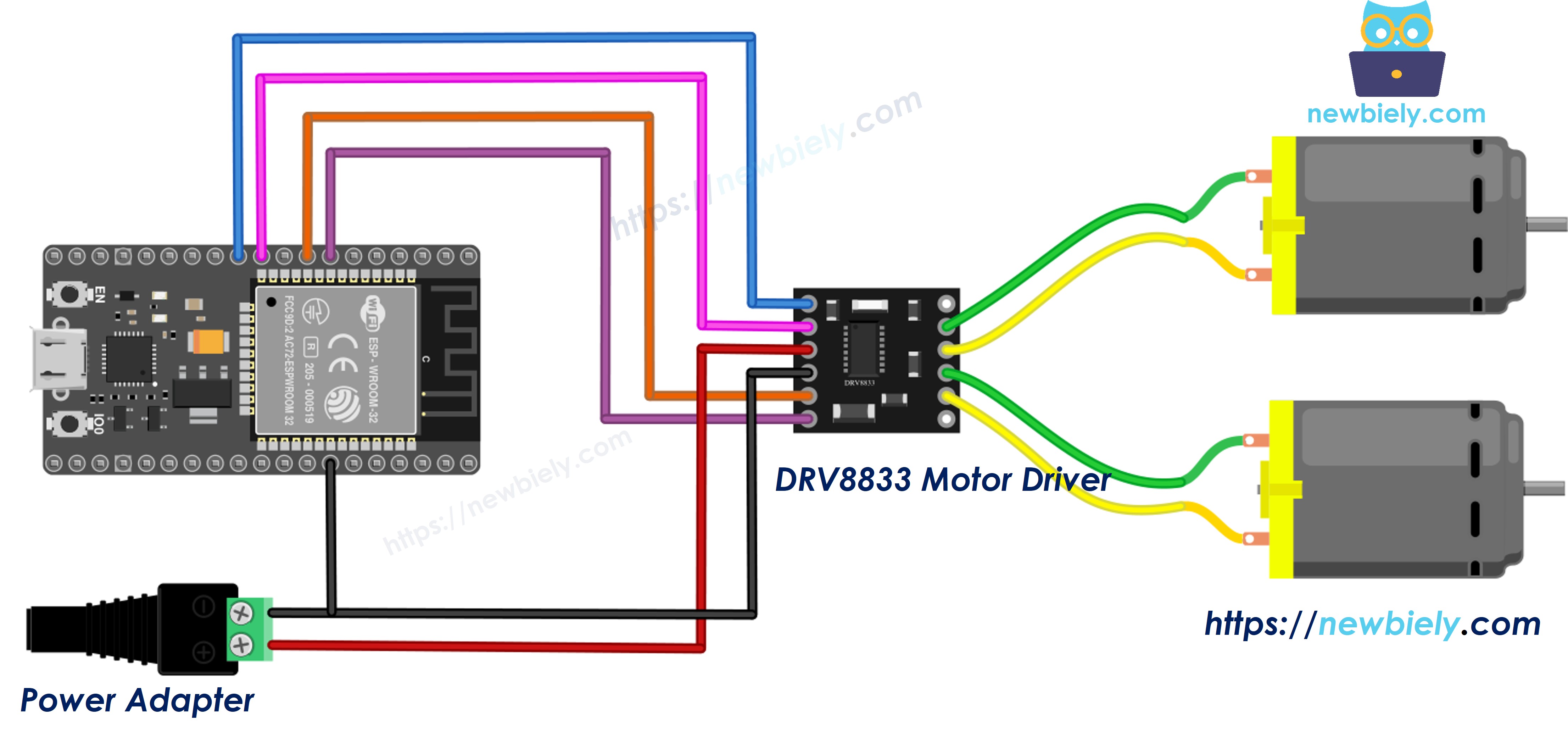 The wiring diagram between ESP32 MicroPython DRV8833 two DC motors