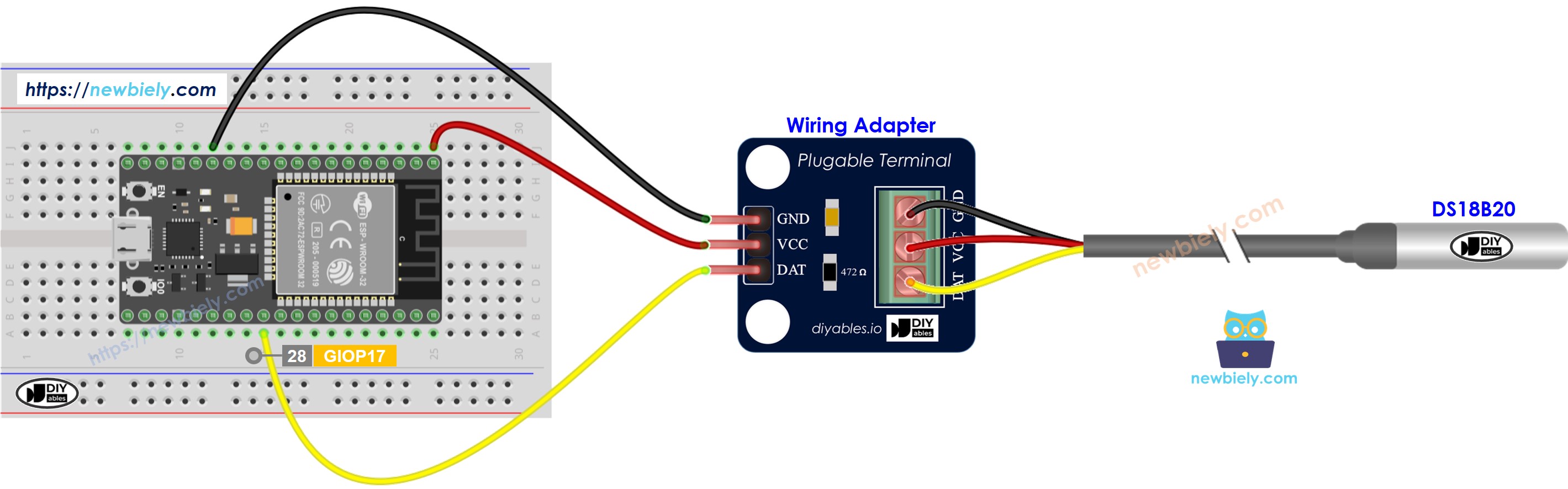 The wiring diagram between ESP32 MicroPython DS18B20