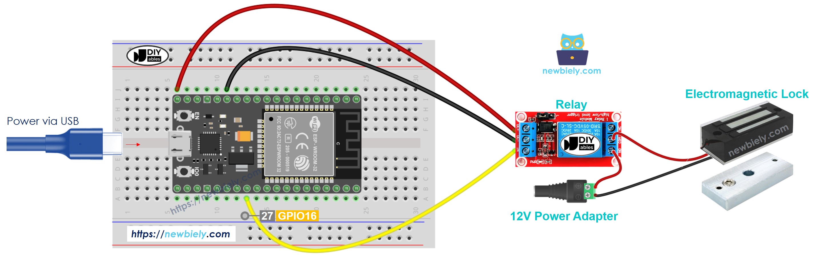 The wiring diagram between ESP32 MicroPython Electromagnetic Lock