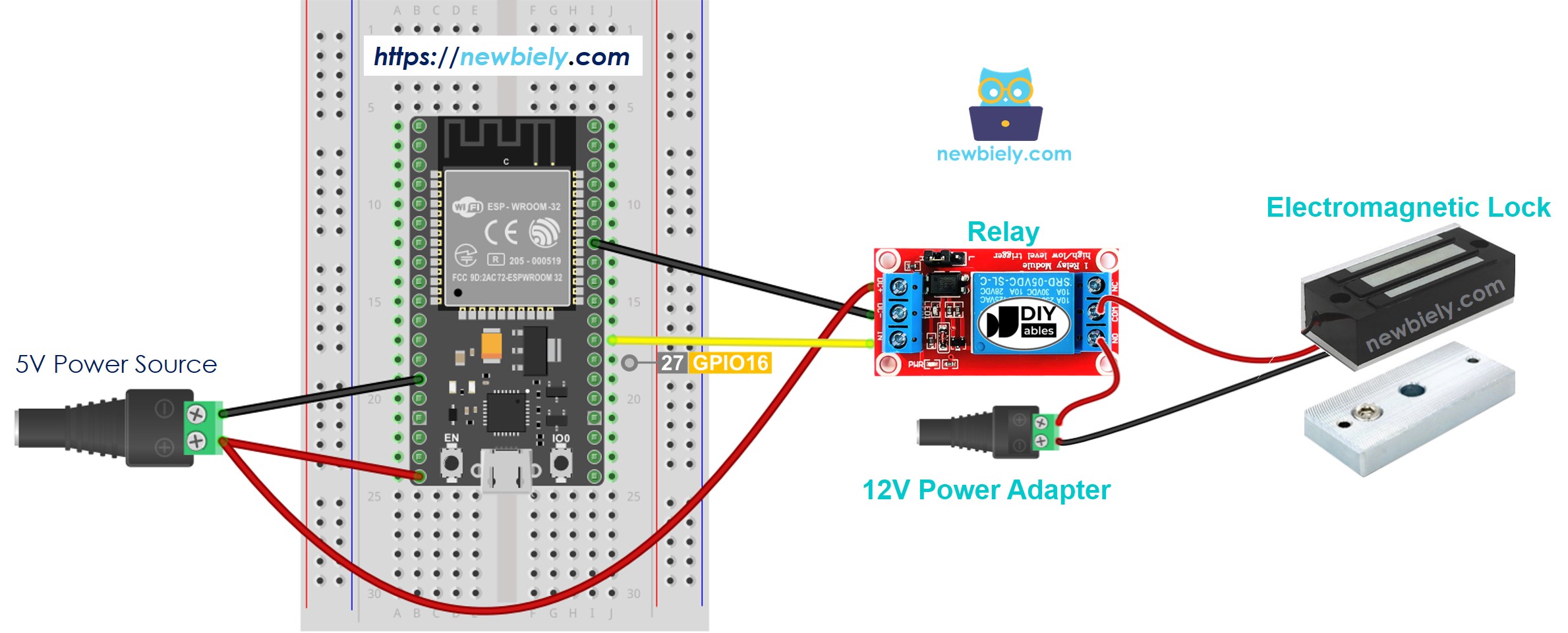 The wiring diagram between ESP32 MicroPython Electromagnetic Lock