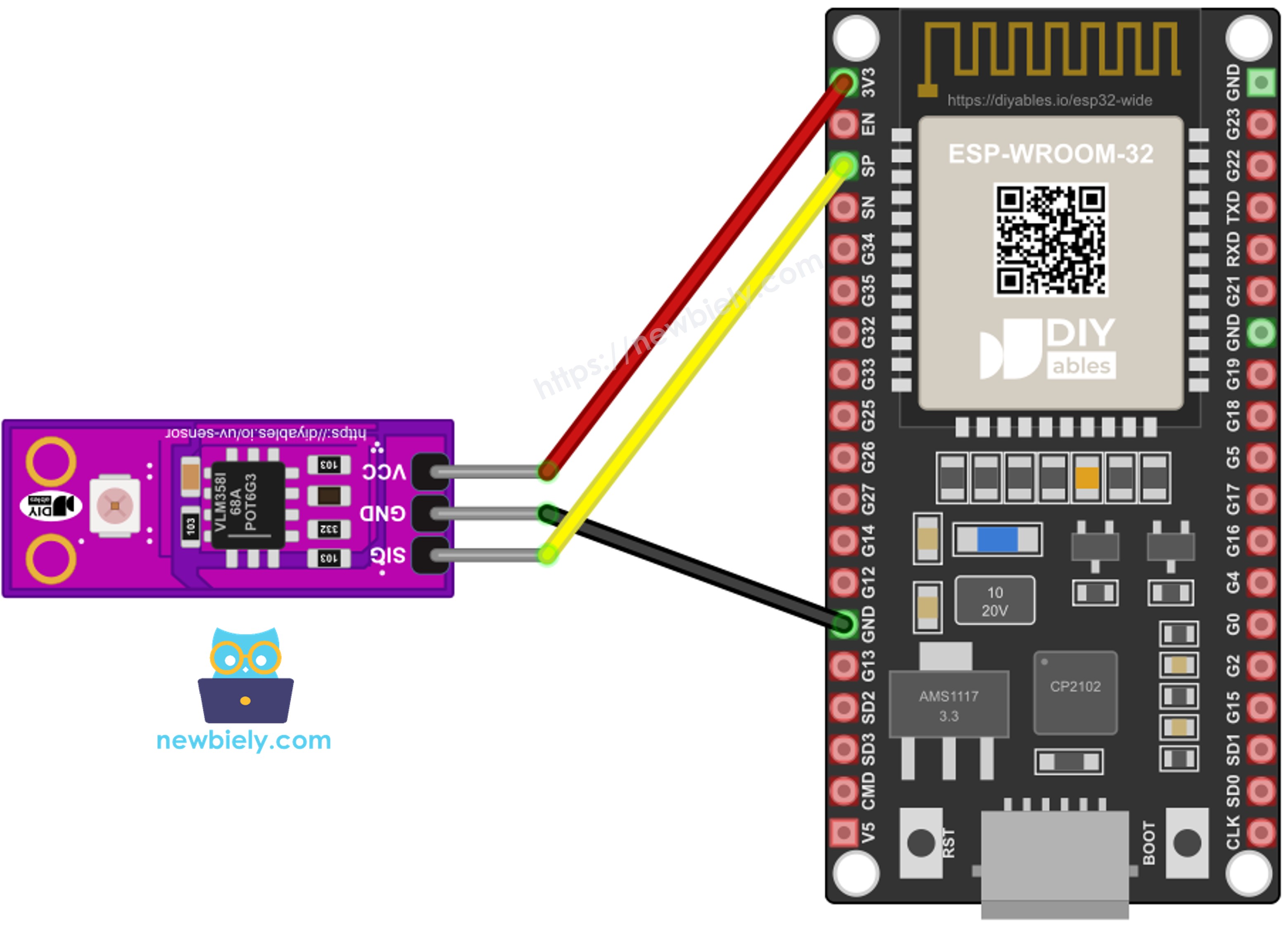 The wiring diagram between ESP32 MicroPython GUVA-S12SD UV sensor