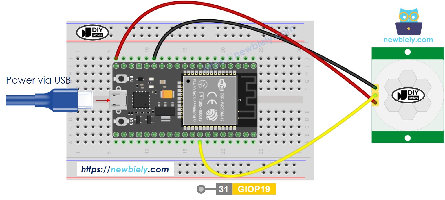 The wiring diagram between ESP32 MicroPython Motion Sensor