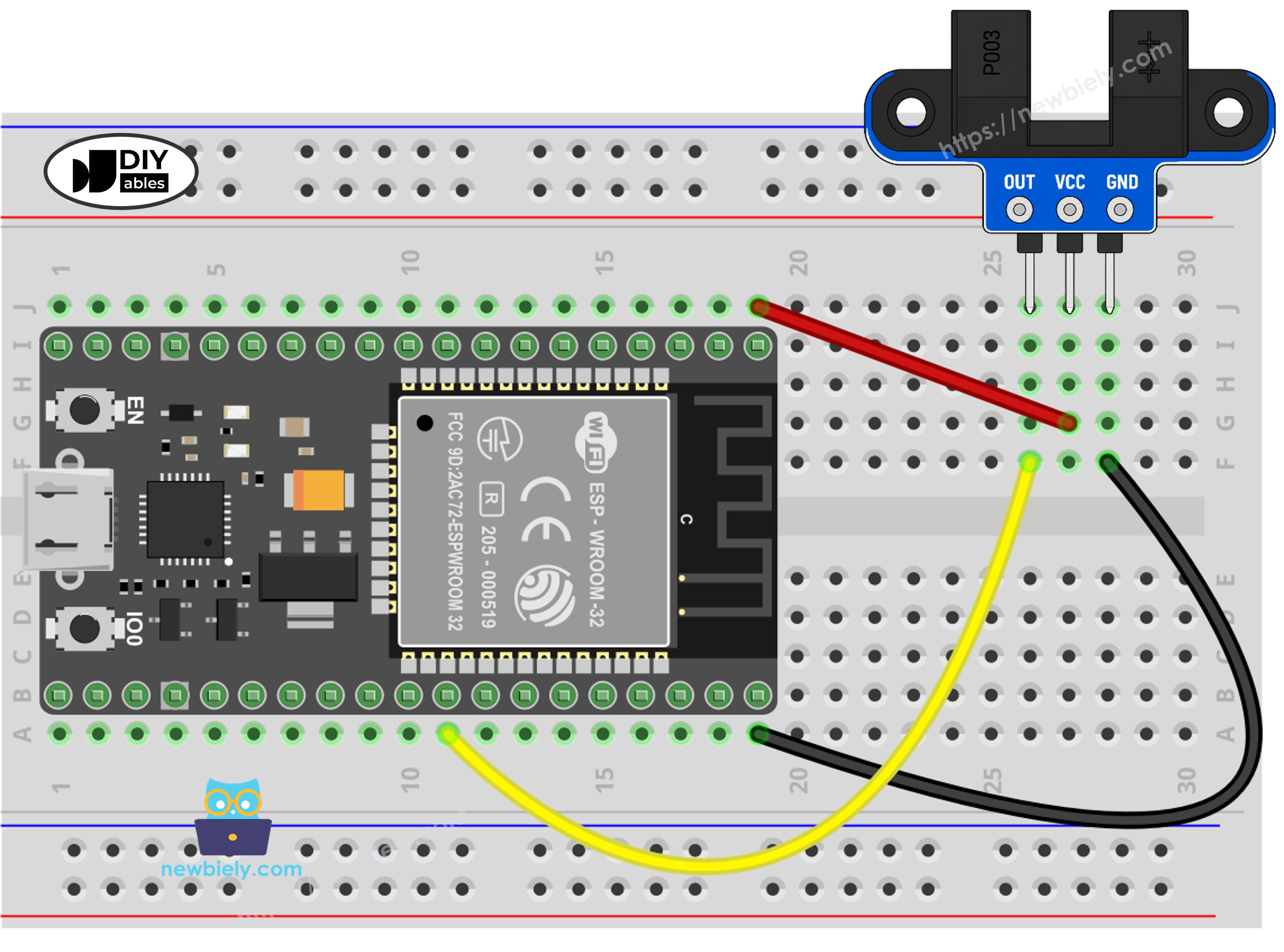 The wiring diagram between ESP32 MicroPython IR Slotted Optical Speed Sensor