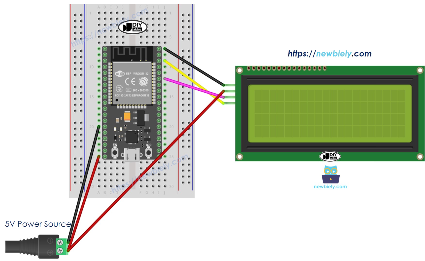 The wiring diagram between ESP32 MicroPython LCD 20x4 I2C