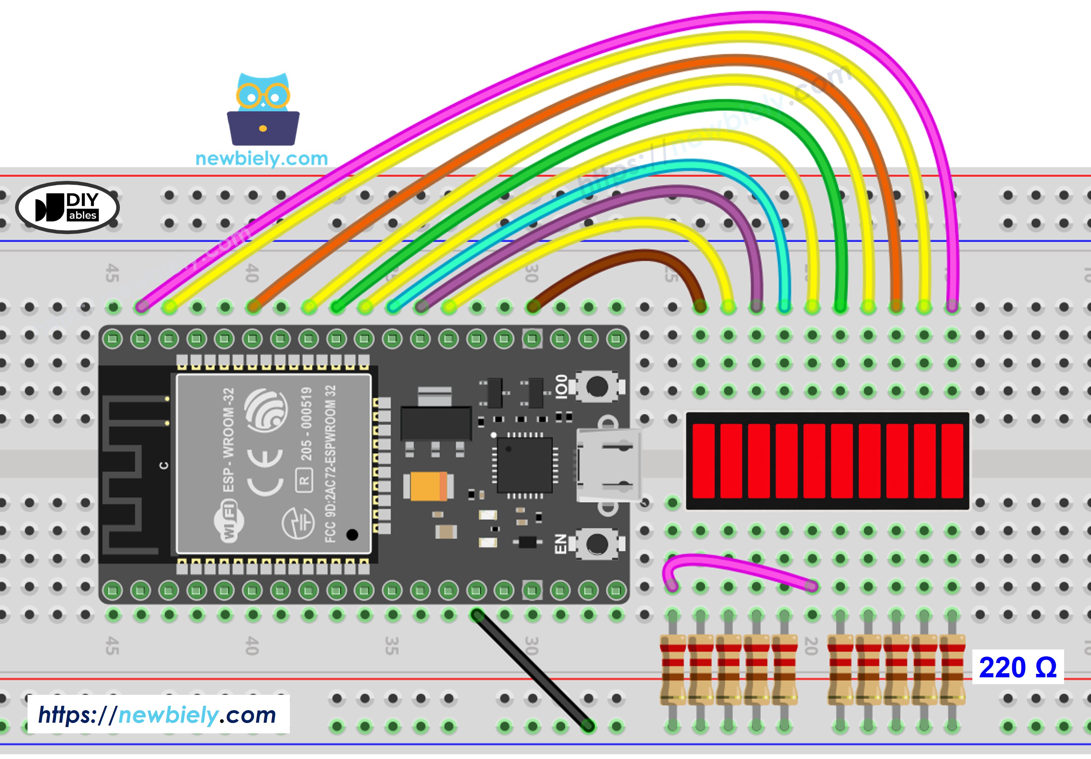 The wiring diagram between ESP32 MicroPython and 10 Segment LED Bar Graph - breadboard