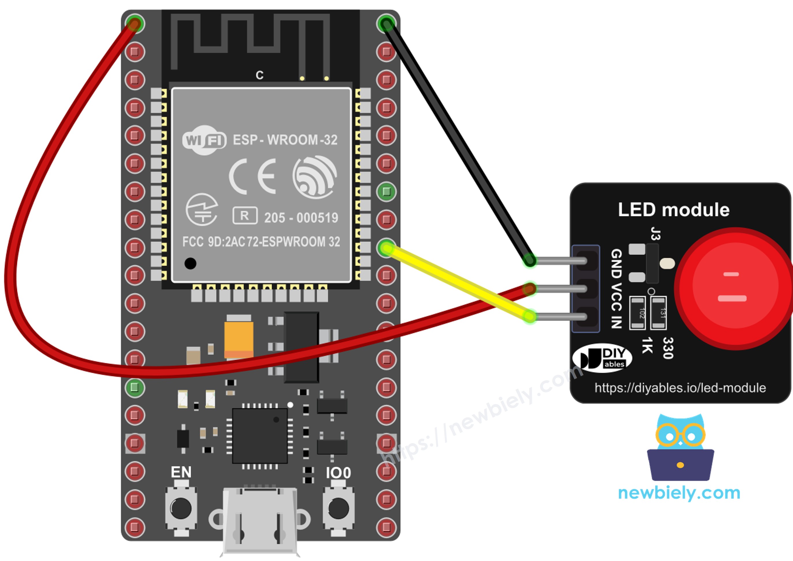 The wiring diagram between ESP32 MicroPython LED module