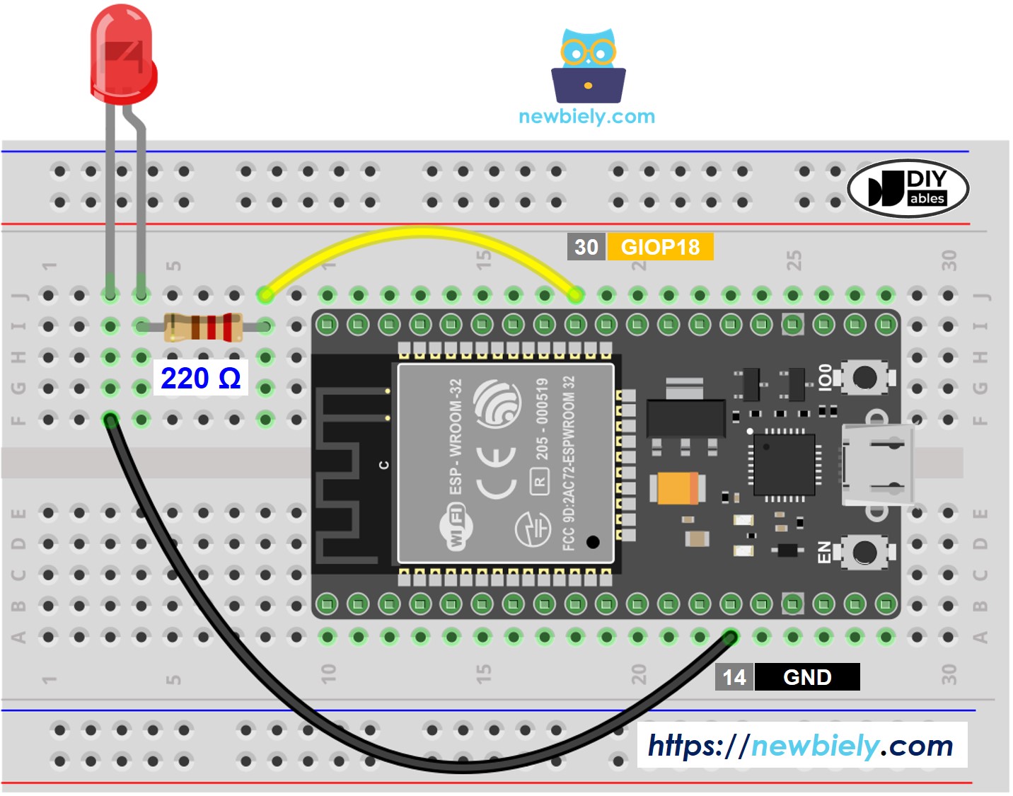 The wiring diagram between ESP32 MicroPython LED