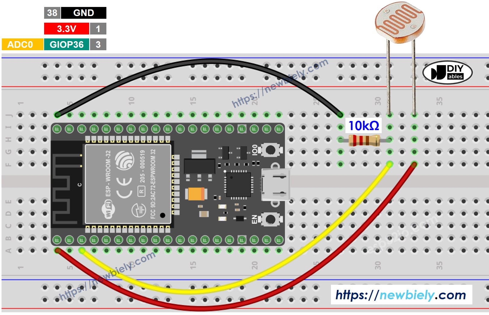 The wiring diagram between ESP32 MicroPython Light Sensor