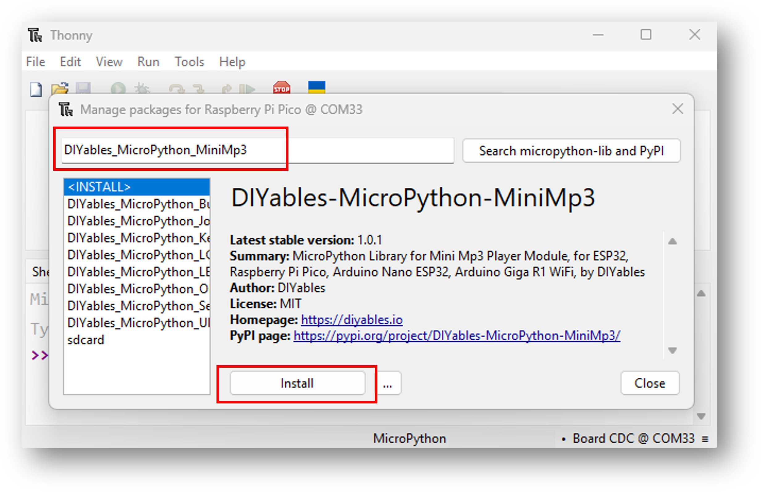 ESP32 MicroPython Mini Mp3 Player library