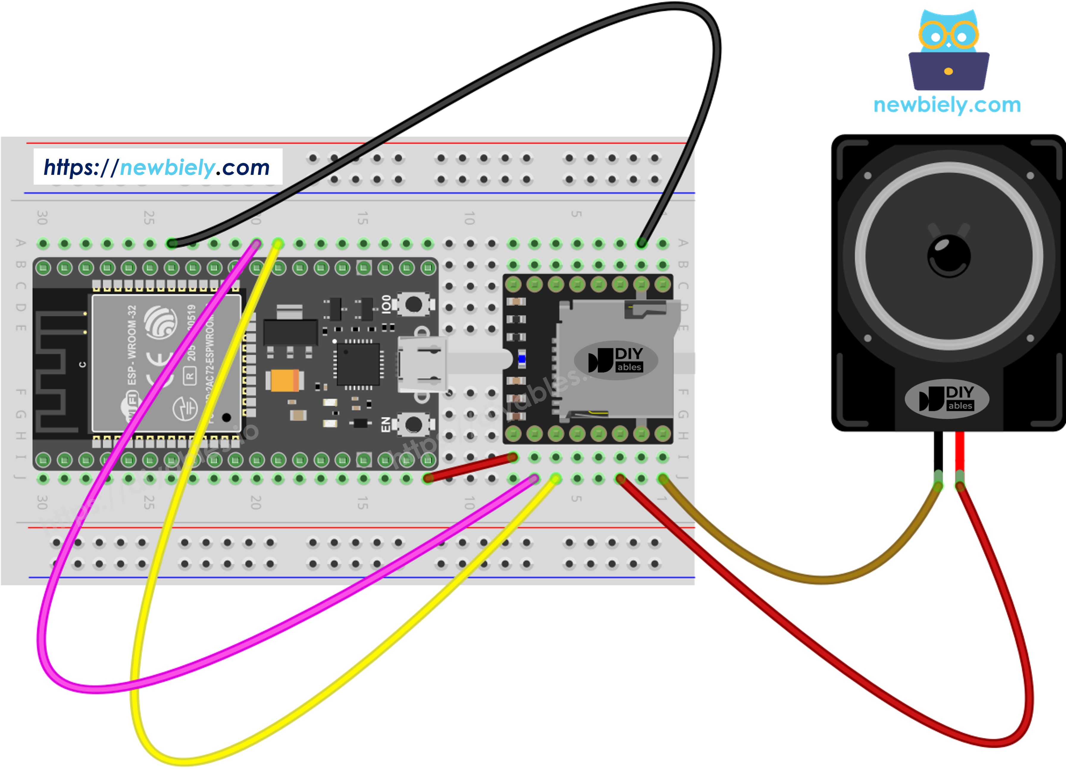 The wiring diagram between ESP32 MicroPython Mini Mp3 Player