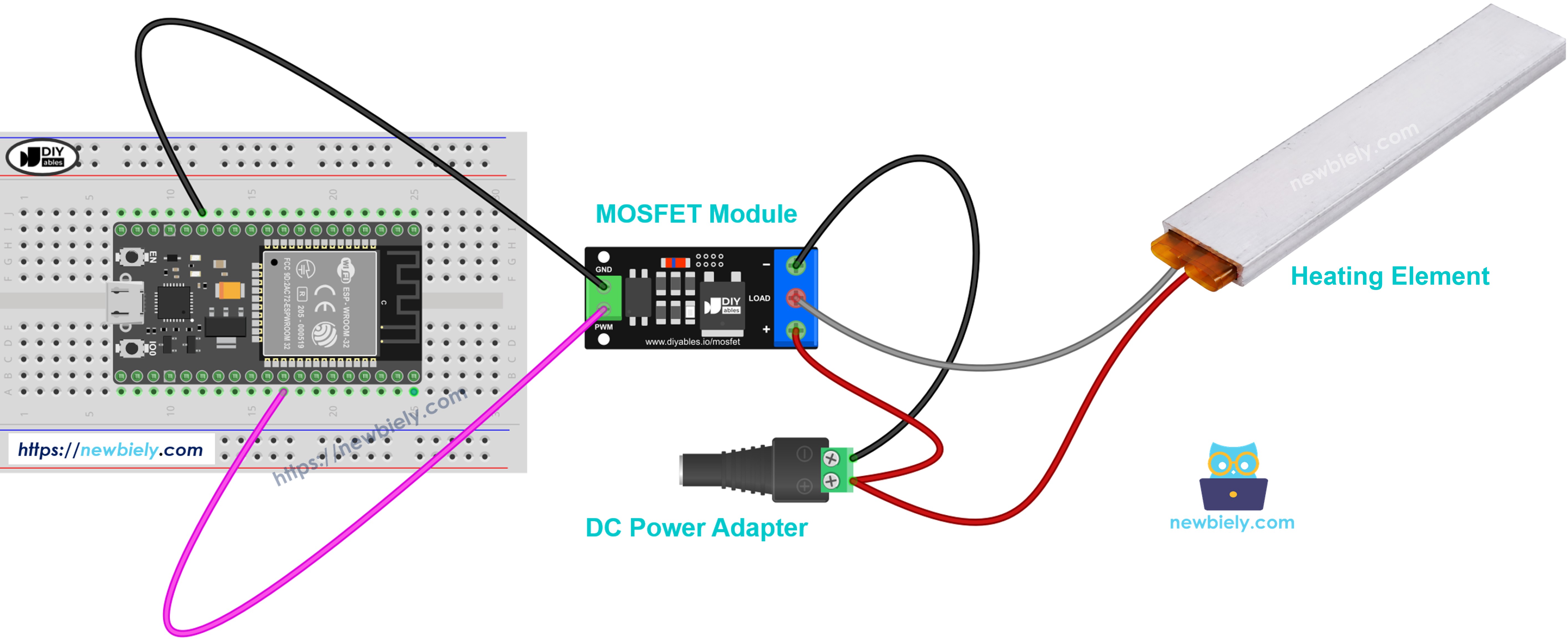 The wiring diagram between ESP32 MicroPython heating element and MOSFET module
