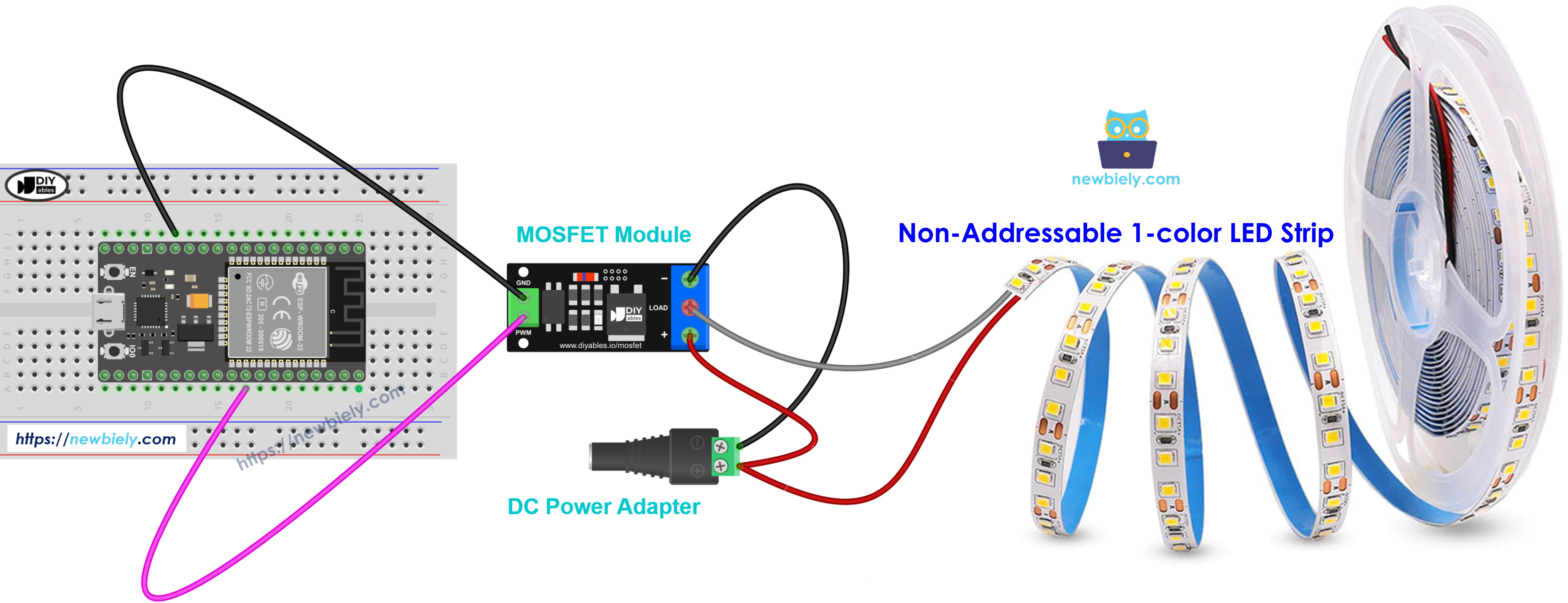 LED strip 12 volts power side on the MOSFET module
